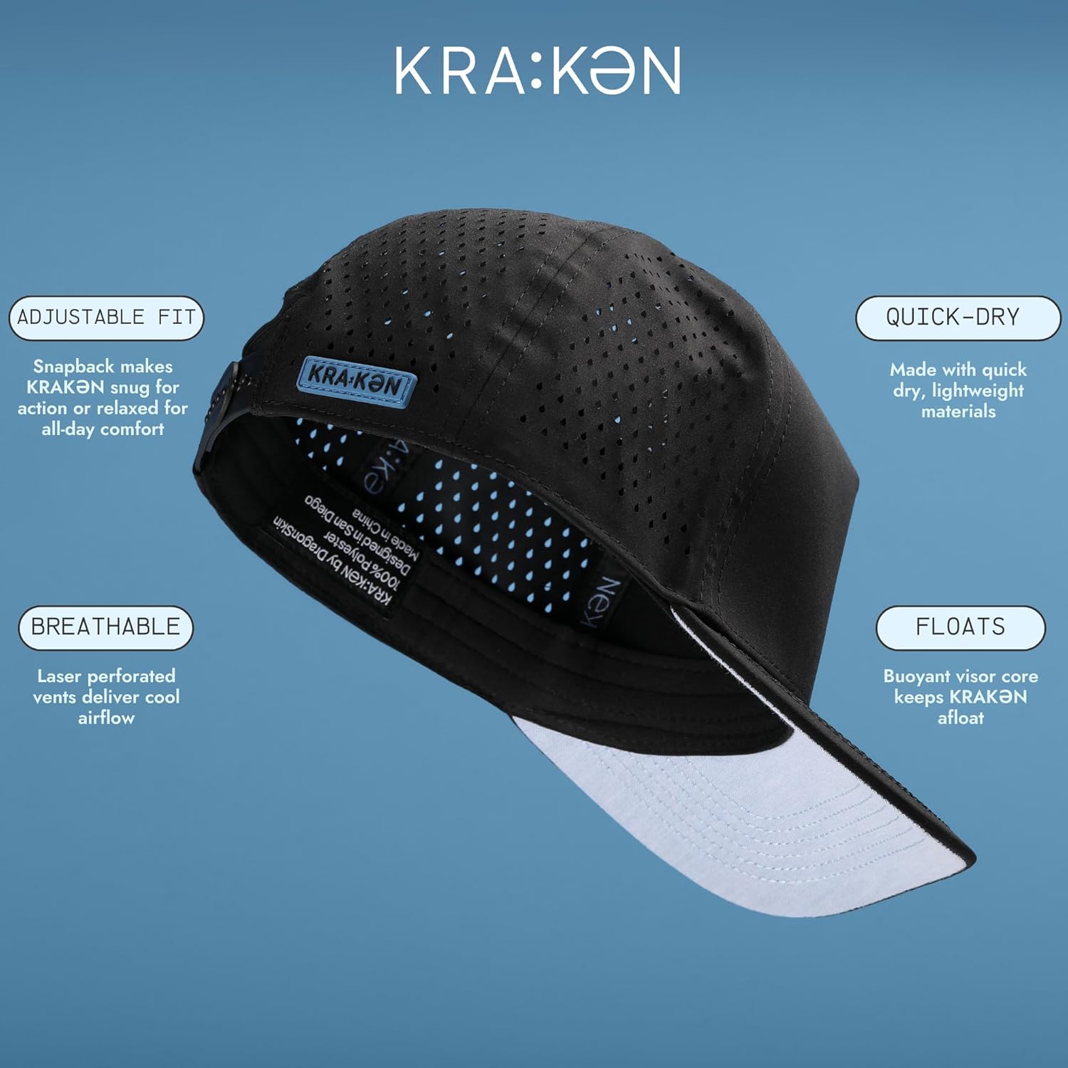 Dragonskin KRAKƏN Waterproof, Water Resistant Men's Snapback. Float Ready, Quick Dry and Water Ready. Black