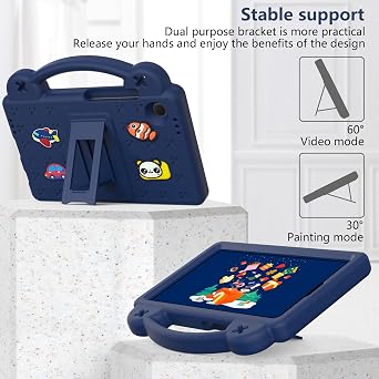 Cute Kids Case for Samsung Galaxy Tab A11 8.7 (2025) SM-X130 SM-X133 SM-X135, Durable Shockproof EVA Protective Case with Handle & Kickstand & Shoulder Strap & DIY Cartoon Pattern - Navy Blue