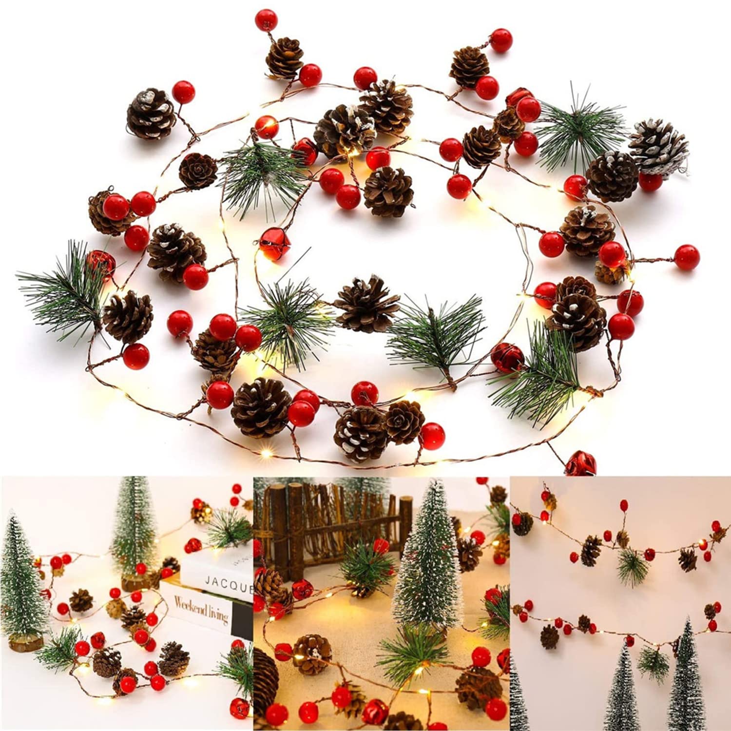 TAPIT 6.56 FT Christmas PineCones String Lights, 20 LED Pine Needles Red Berry Pine Cone Garland Lights, Indoor Outdoor Decor for Winter Holiday New Year Christmas Party,Battery Powered