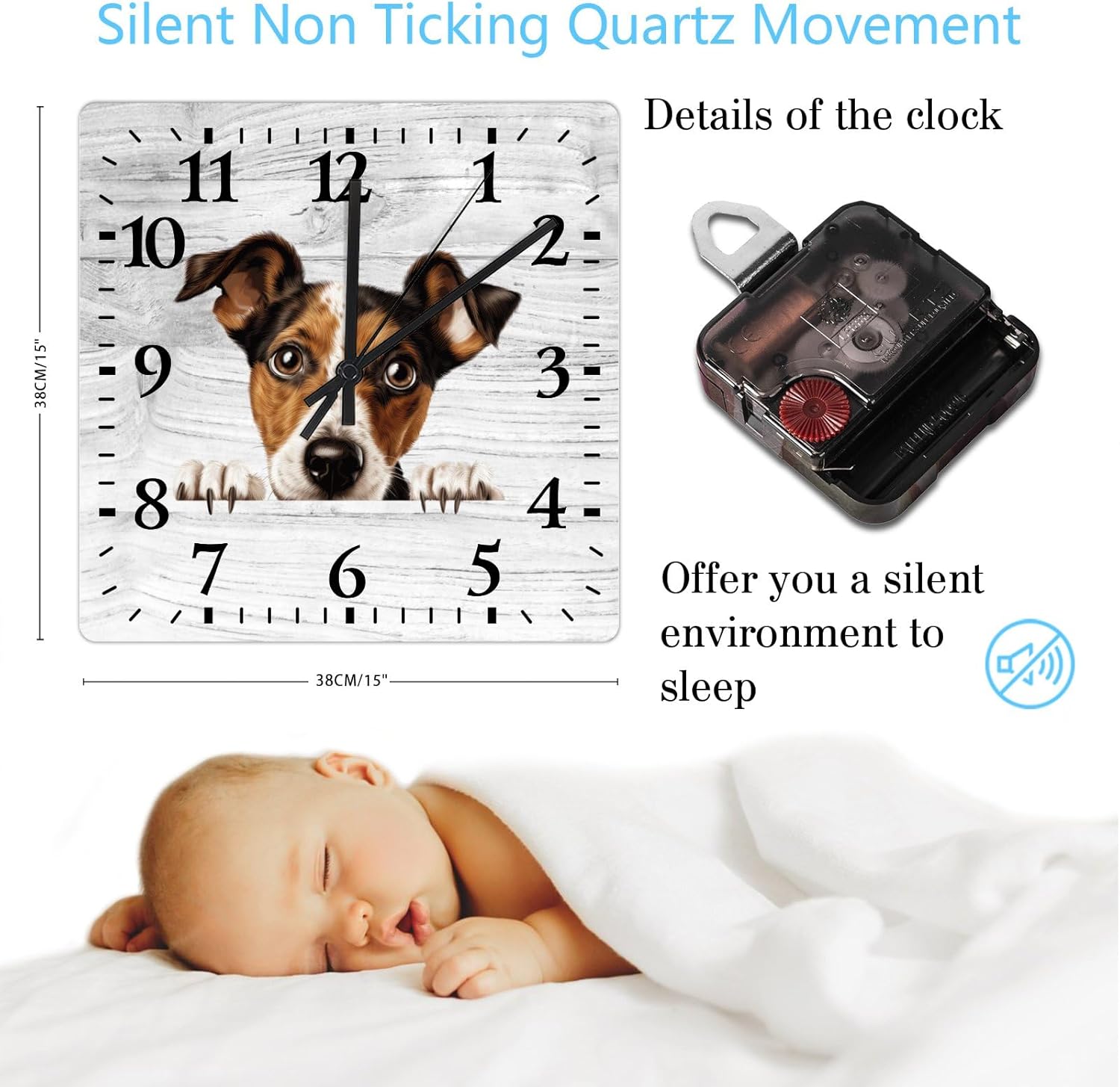 Smooth Fox Terrier Wall Clock Peeking Dogs Square Clock 15 Inch Large Wall Clocks Battery Operated Rustic Home Decor for Home Kitchen Office School Bathroom