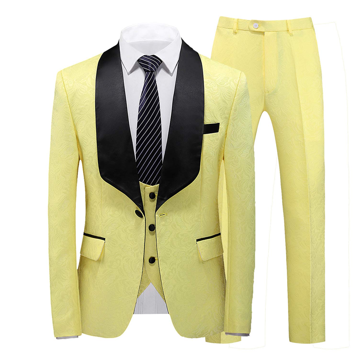 Mens 3 Piece Suit Slim Fit Printed Tuxedo Jacket Pants Waistcoat Set Size 30 Yellow