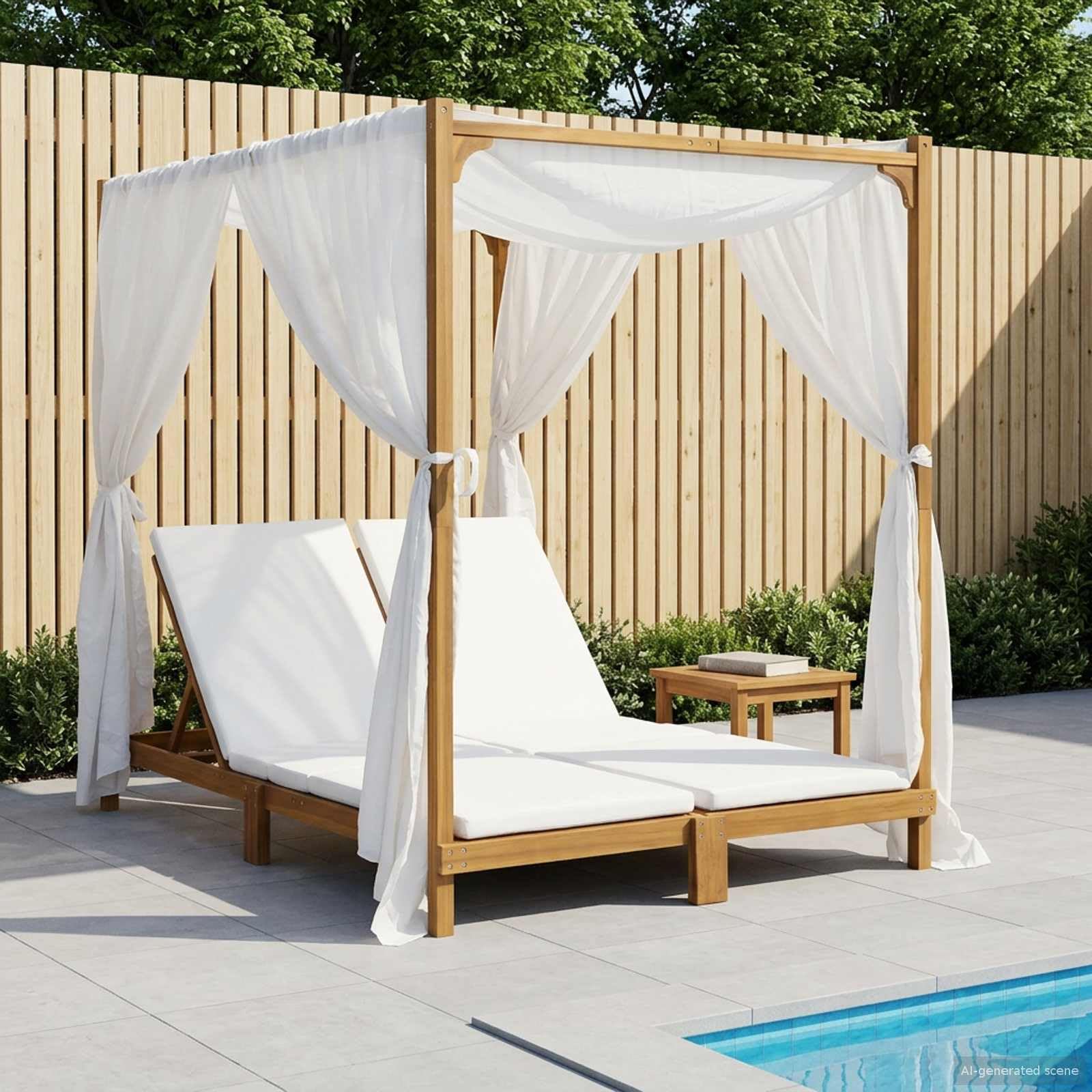 vidaXL Transat Double avec auvent et Rideaux Bois d'Acacia Massif, Chaise Longue réglable, mobilier de Jardin, résiste aux intempéries, pour la détente en extérieur