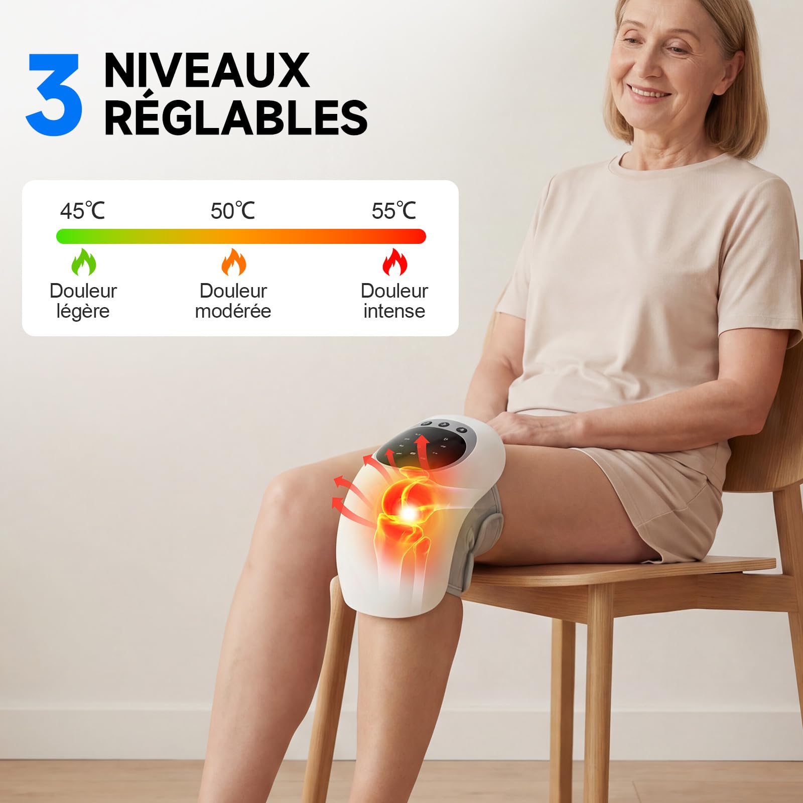 Genouillère Chauffante, Masseur de Genou Sans Fil avec Chauffage In-frarouge Profond et Vibrations Réglables – Pour le Confort et le Soutien Quotidien du Genou