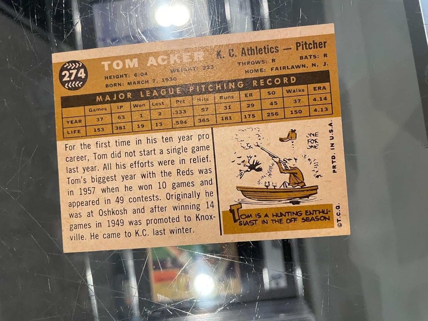 1960 Topps #274 Tom Acker Kansas City Athletics Baseball Card Nm - Slabbed Baseball Cards