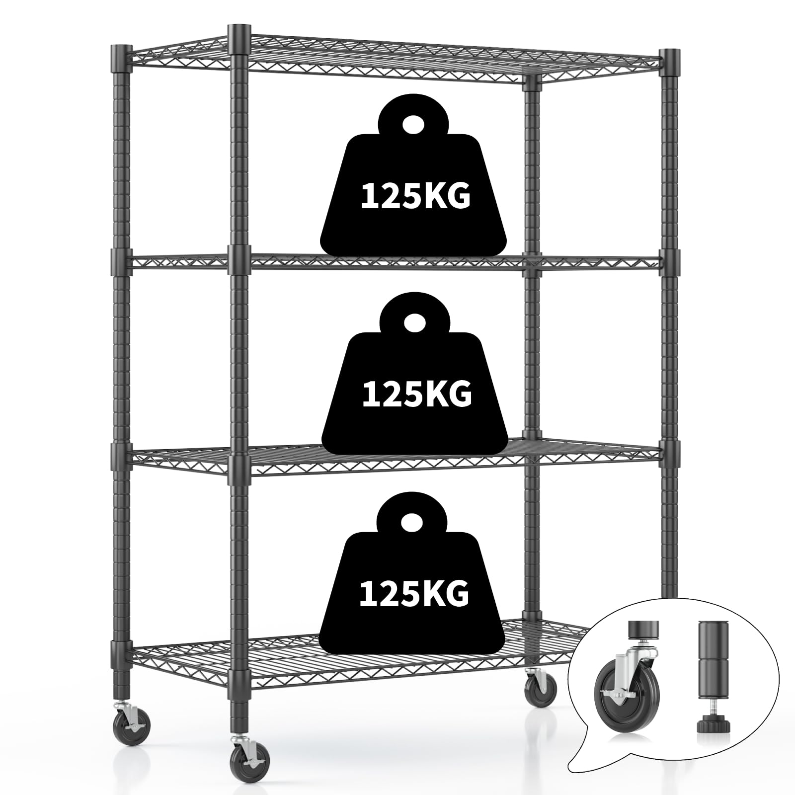 Himimi Étagère en Fil à 4 Niveaux avec Roulettes et Pieds de Nivellement, Hauteur Réglable, Étagère de Rangement en Métal pour Cuisine, Salle de Bain, Chambre,Capacité de 500 kg, 90*45*183 cm, Noir