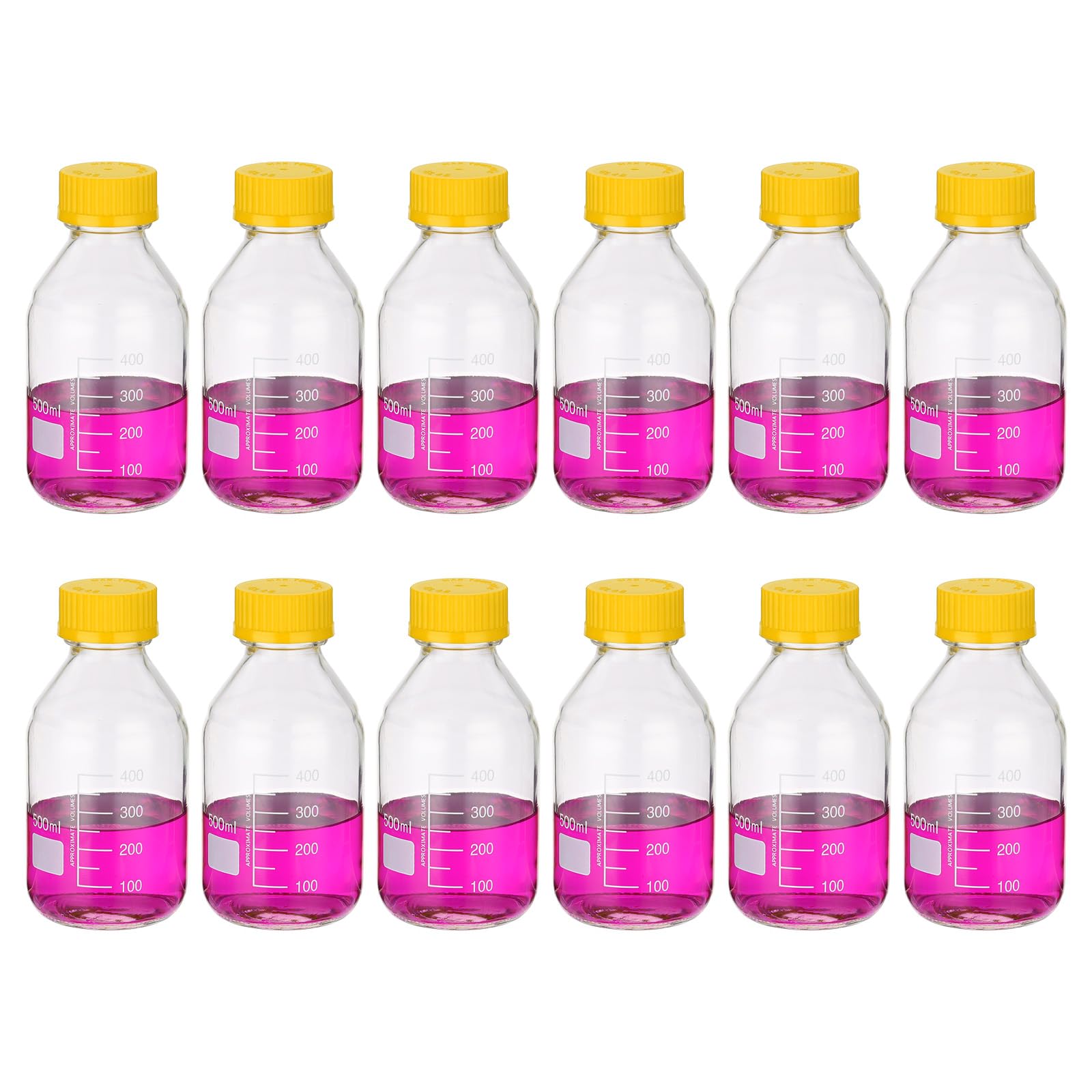 PATIKIL 12 Envases Para Almacenamiento De Medios Reactivos, 500ml Botellas Redondas Graduadas De Vidrio Borosilicato Con Tapa Amarilla GL32 Para Líquidos Reactivos De Laboratorio.