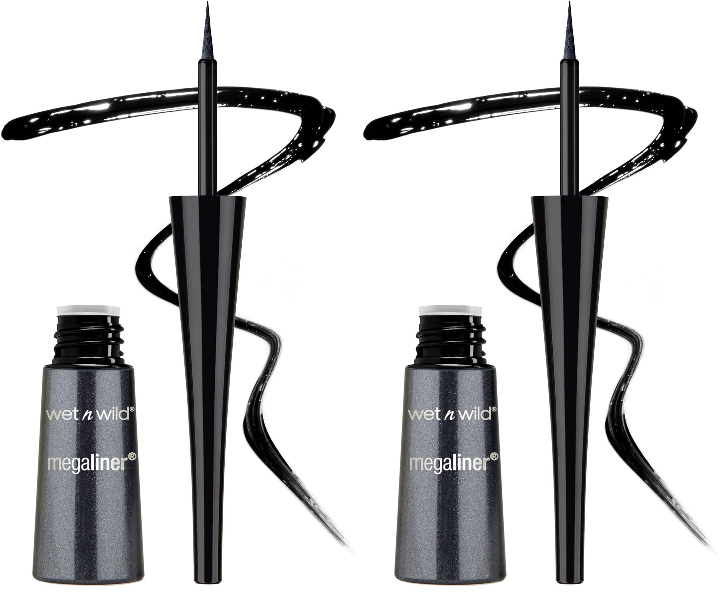 Wet n Wild, MegaLiner Liquid Eyeliner, flüssiger Eyeliner mit flexiblem Pinsel, Augen-Make-up, schnelltrocknende flüssige und pigmentierte Formel, Schwarz (Packung mit 2)