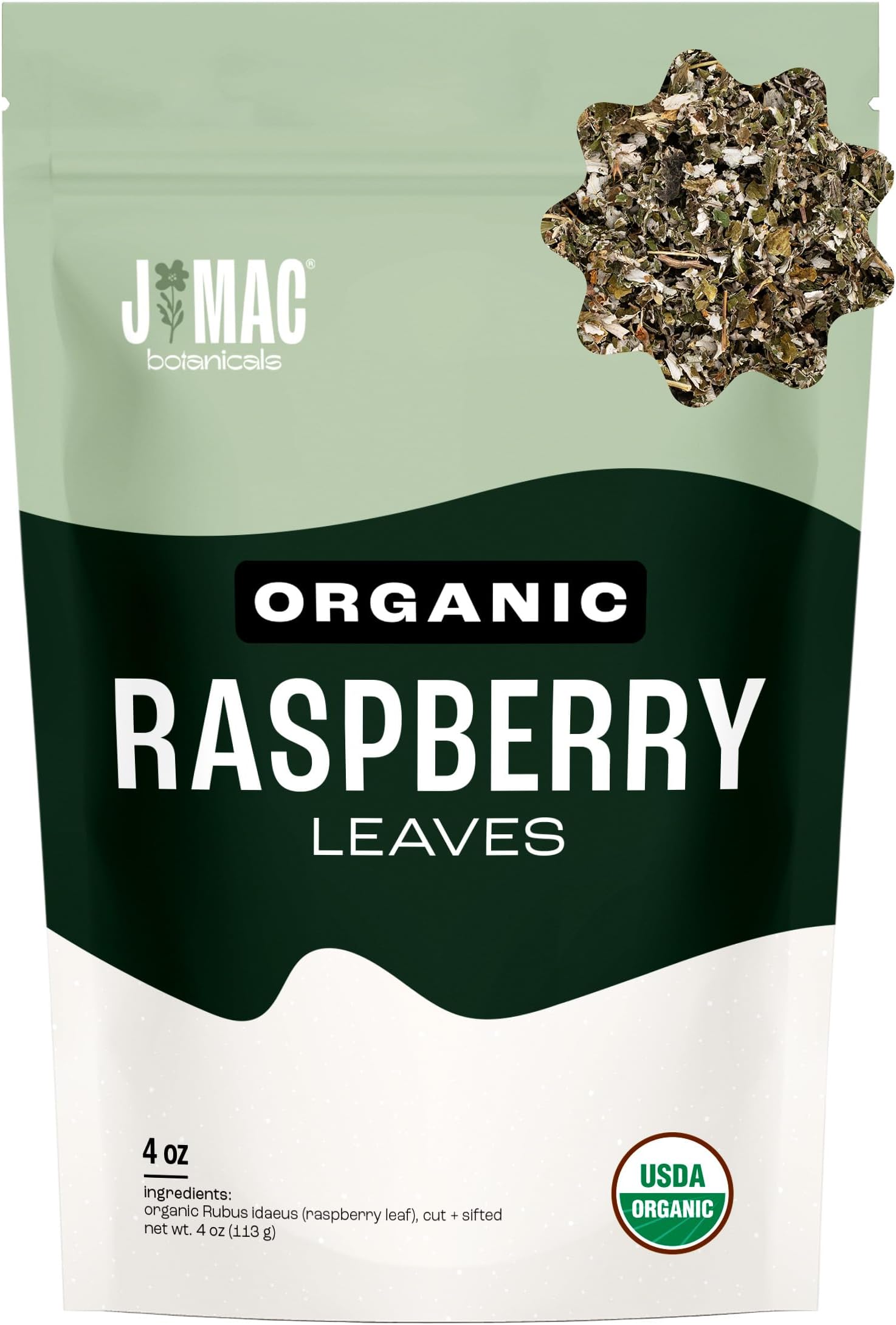 J Mac Botanicals Organic Raspberry Leaves, loose leaf tea 4 ounce