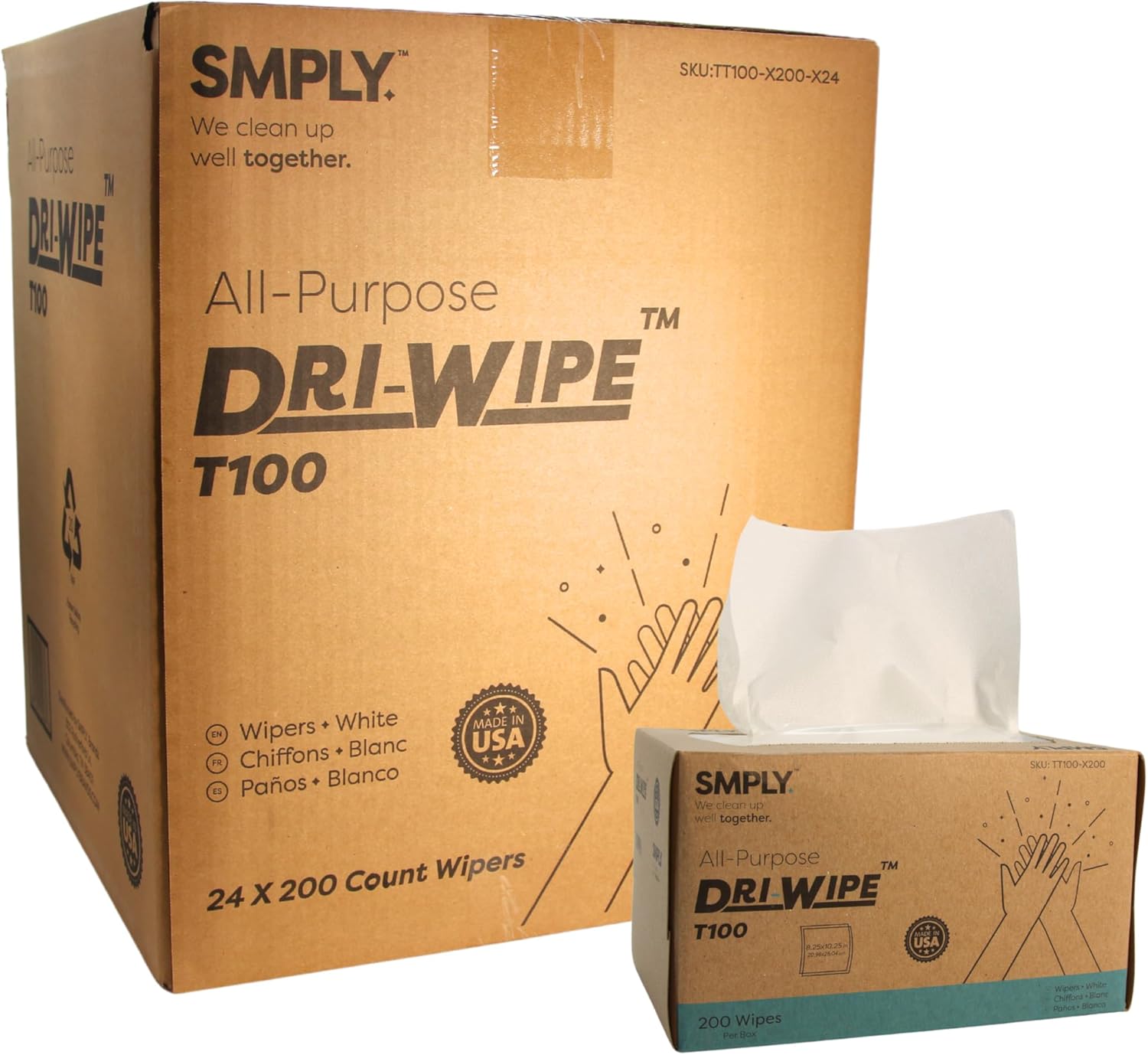 Dri-Wipe™ T100 All-Purpose Center-Pull Wipes – 24 Boxes of 200 (4,800 Total) – Disposable Cleaning Wipes, a Smarter Alternative to Paper Towels for Janitorial, Retail & Foodservice Use