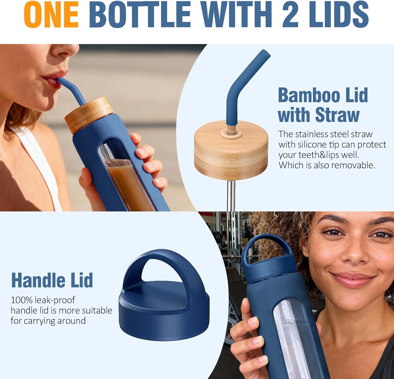 WINSA 24 oz Glass Water Bottle, Glass Tumbler with Straw, Reusable Drinking Bottles with 2 Lids-Handle Lid&Bamboo Straw Lid, Silicone Sleeve, for Sports, Home,1 Pack-Blue