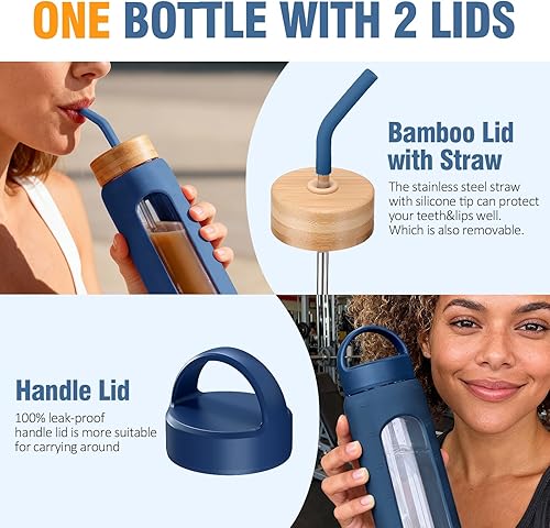 Miniatura 2 de Botella de agua de vidrio de 24 onzas, vaso de vidrio con popote, botellas reutilizables con 2 tapas con tapa con asa y tapa de popote de bambú,