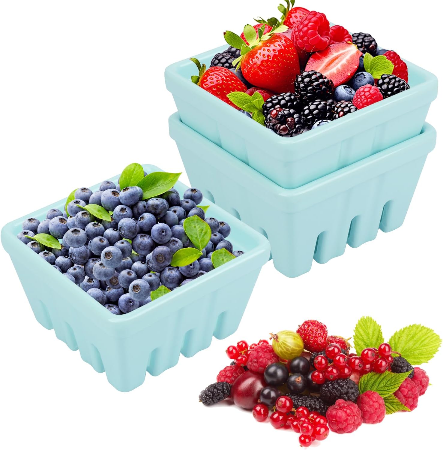 4 Pack Ceramic Berry Basket, 5.1 Inches Square Ceramic Fruit Bowls with Draining Holes, Rustic Stoneware Berry Bowls for Strawberries, Grapes, Cherries & More