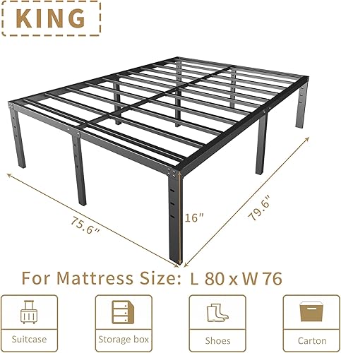 Miniatura 3 de HOBINCHE Base de cama tamaño King de 16 pulgadas, no necesita somier, base de colchón de plataforma de metal negro resistente con listones de acero,