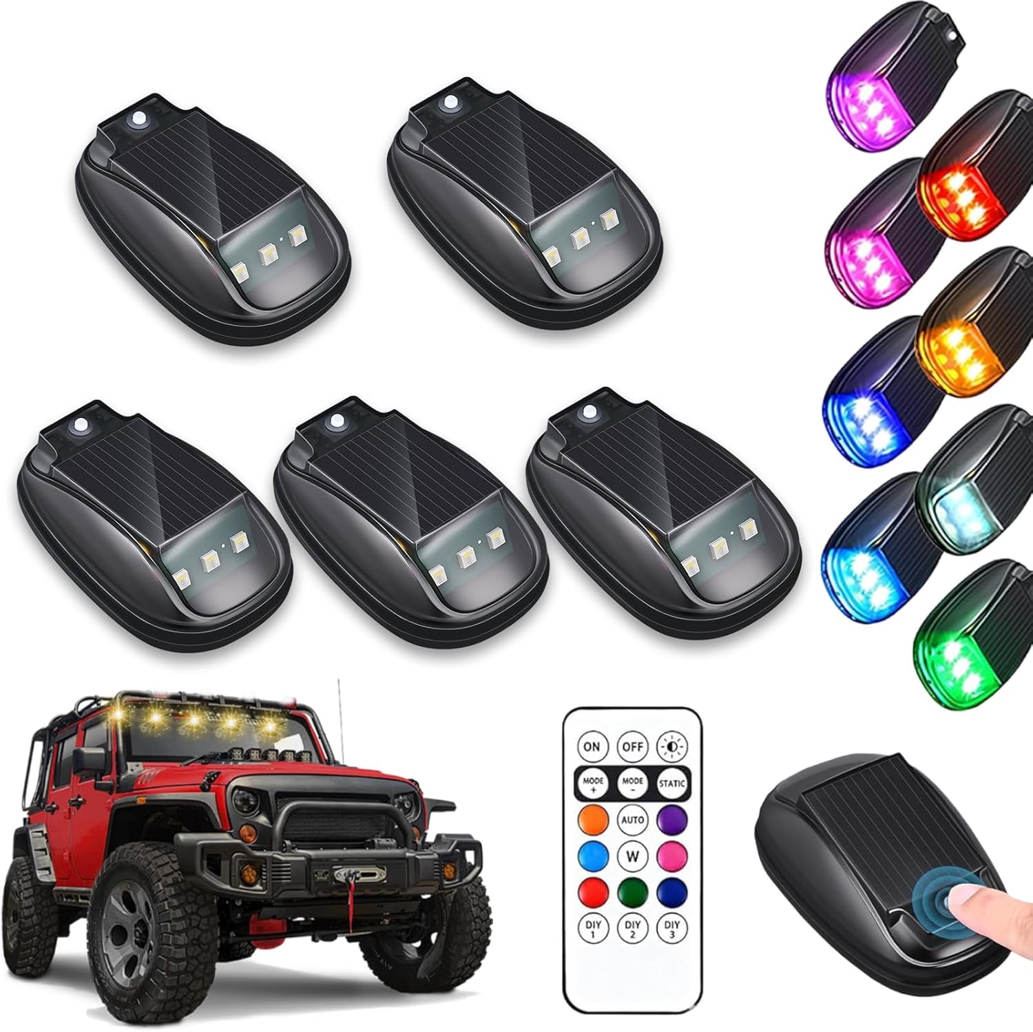 Solar Waterproof Cab Roof Lights, 2026 New Solar Car Roof RGB Strobe Light with Remote Control, 8 Colors Wireless LED Cab Lights, Smart Sensing Marker Light for Motorcycle Jeep Pickup SUV ATV (5PCS)