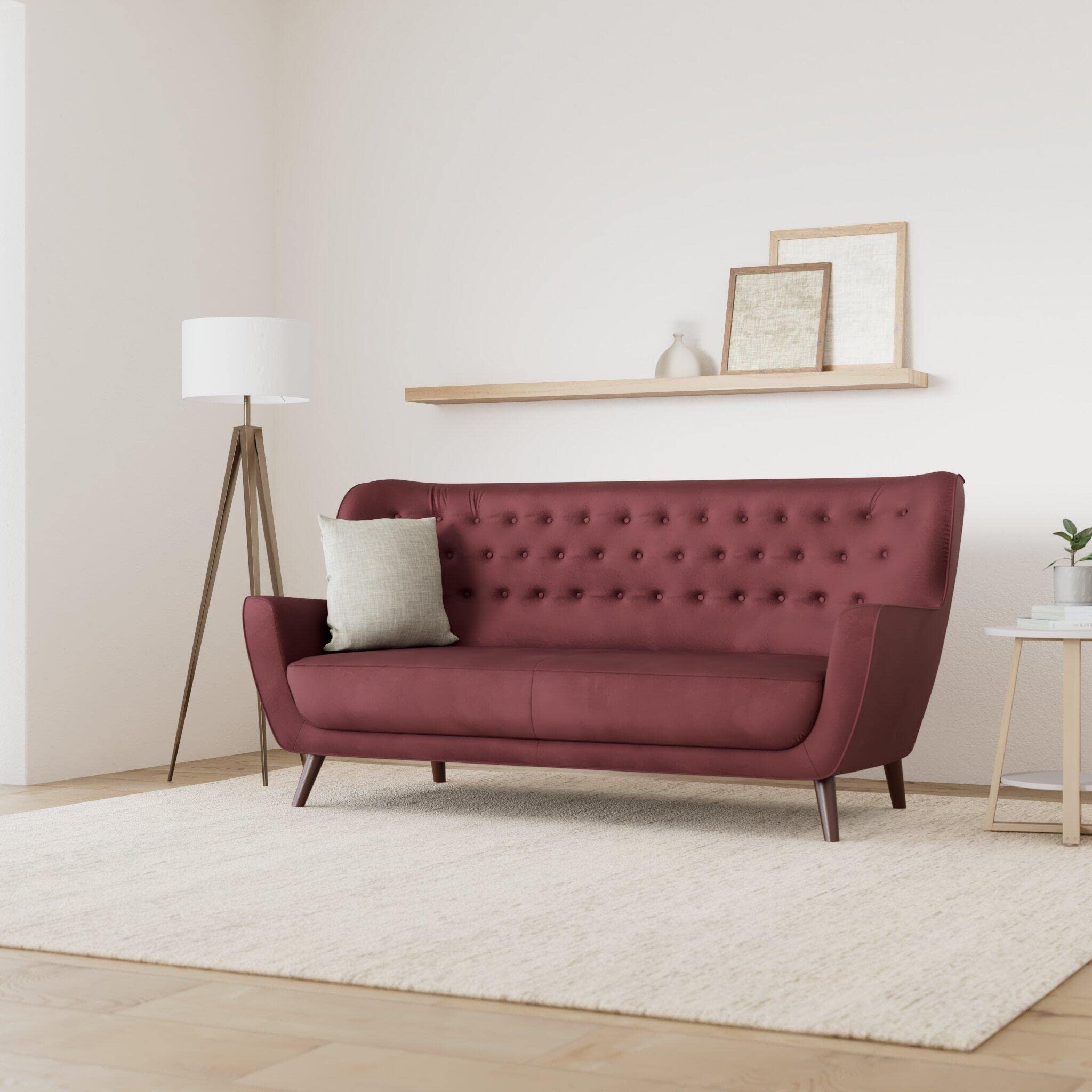 CAVADORE 3-Sitzer-Sofa Abby / Retro-Couch im Samt-Look mit Knopfheftung / 183 x 89 x 88 / Samtoptik, rot