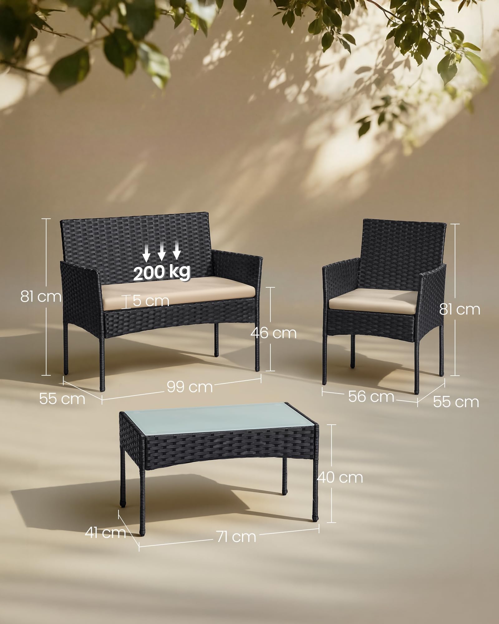 SONGMICS Balkonmöbel, Gartenmöbel-Set, aus PE-Polyrattan, Lounge-Set, Terrassenmöbel, Outdoor, für Terrasse, Balkon, Garten, schwarz-Taupe GGF004B05