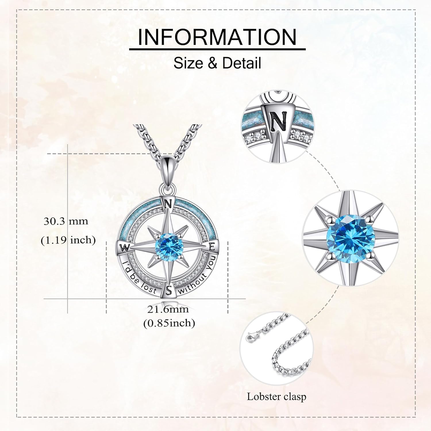 Compass Necklace 925 Sterling Silver Birthstone Necklace Turquoise Compass Pendant Jewelry for Women