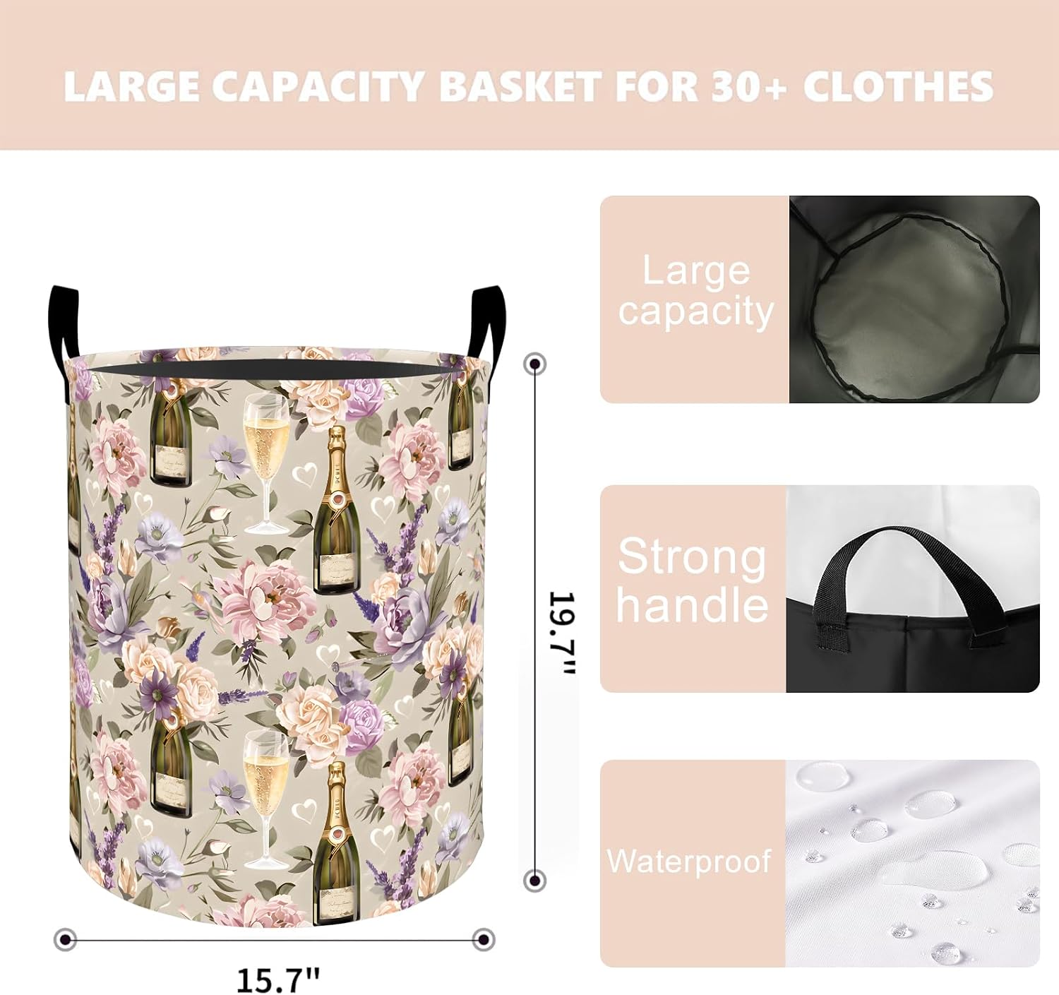 Champagne Floral Laundry Basket Hamper 19.7"x15.7", Organizer Bins Gifts for Kids Boys Girls, Bottle and Pink Flower Foldable Wateshrproof Oxford Clothes Storage Bucket for Bedroom Bathroom Decor image 4