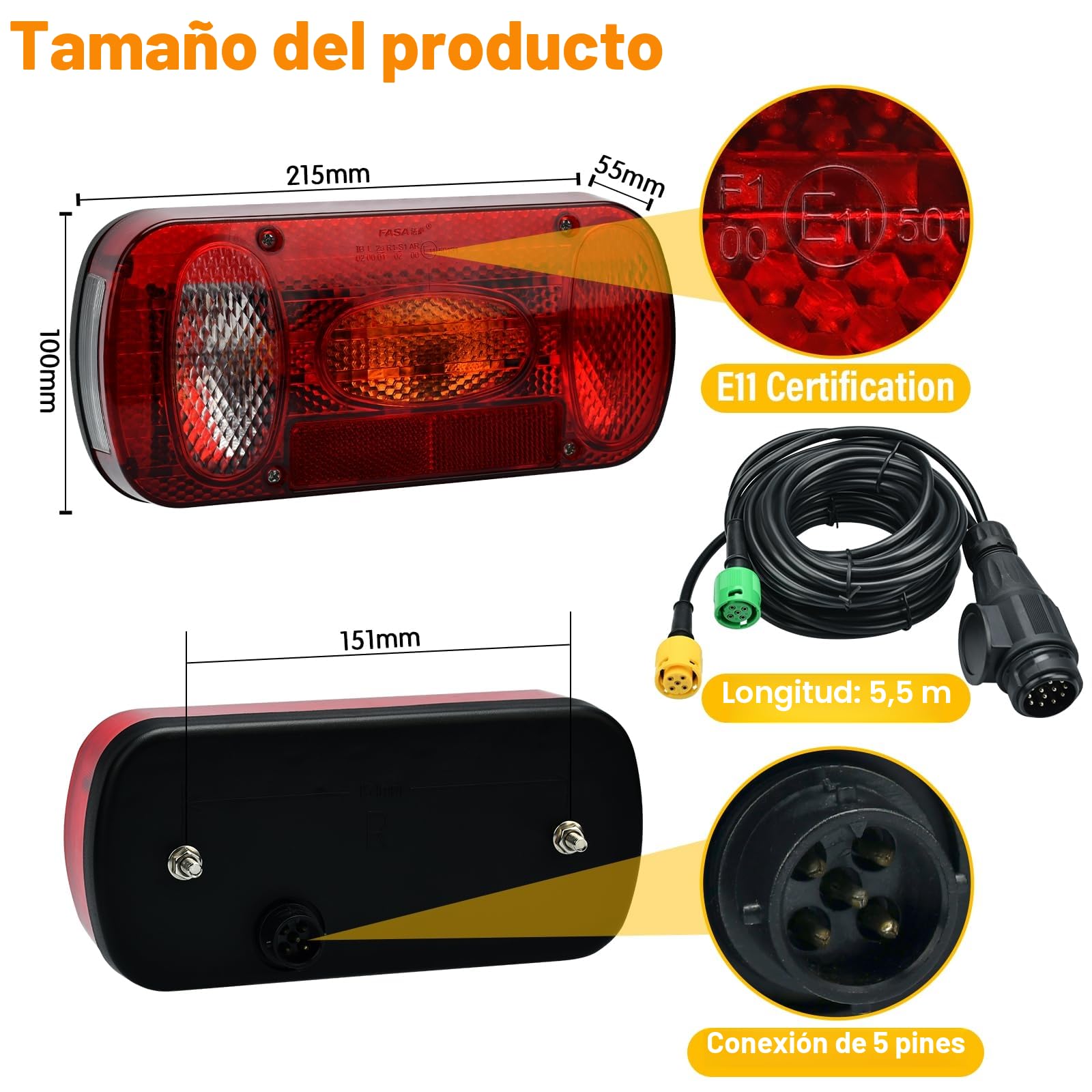 Aissom 2PCS Juego de Pilotos Traseros Remolque,12V Pilotos Traseros Remolque 13 Pines,Luces Remolque con 6 Funciones e Juego de Cables de 5.5m,Certificado E11 para Camión Caravana Tractor