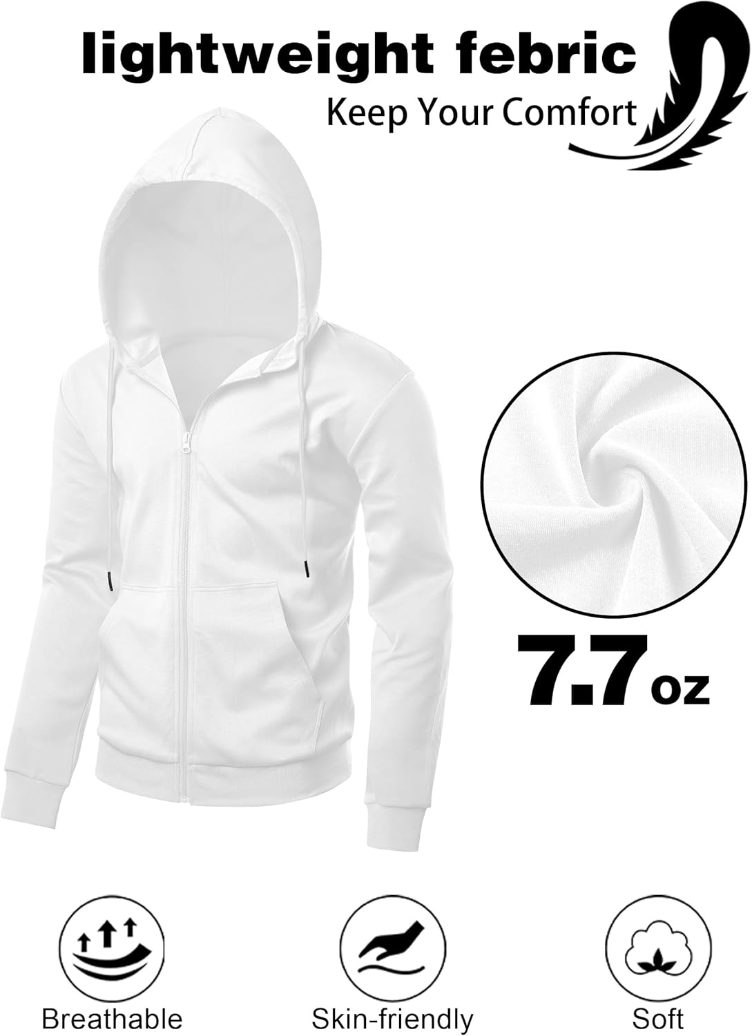 Men's Lightweight Zip Up Hoodie Long Sleeve Sweatshirt Athletic Slim Fit Basic Jacket with Pockets(Regular & Tall) - Image 3