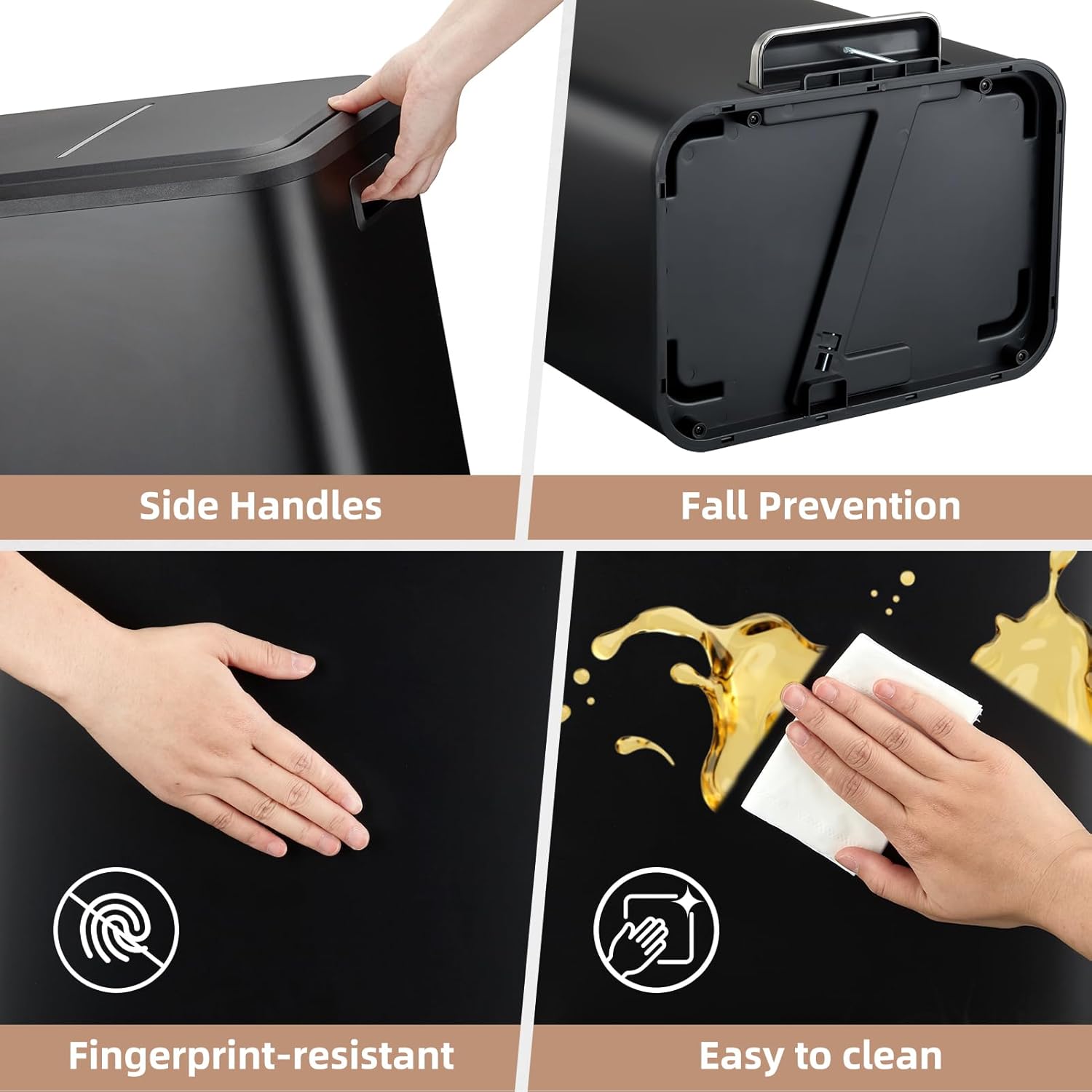 GlowSol Black Kitchen Dual Step Trash Can & Recycle Bin with Soft Close Lid, Touchless Trash Can with Foot Pedal and Inner Bucket, Garbage Bin Kitchen - 8 Gall