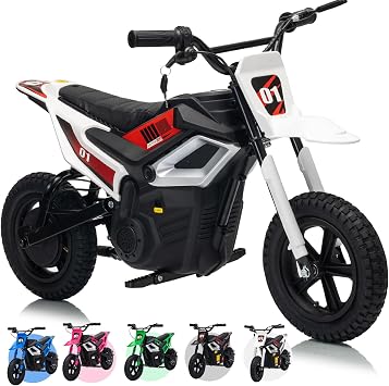 Hetoy 24V 350w Kids Motorcycle, 13.67 Mph Max Speed Kids Electric Bike, Dirt Bike with Rear Wheel Suspension, Music, 12 Miles Range, Twist Grip Throttle, Metal Suspension, Rubber Tire, Leather Seats,