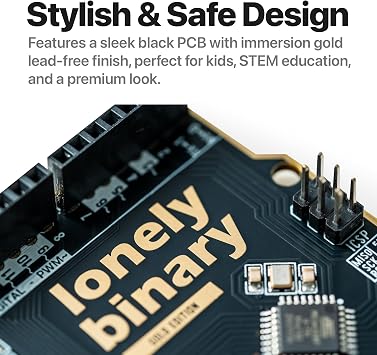 Lonely Binary UNO R3 ATmega328P Board USB-C ENIG Gold for Arduino IDE | 16MHz, 32KB Flash; pre-soldered headers, 14 I/O + 6 analog; lead-free RoHS; UNO shield compatible; no cable in 1-pack