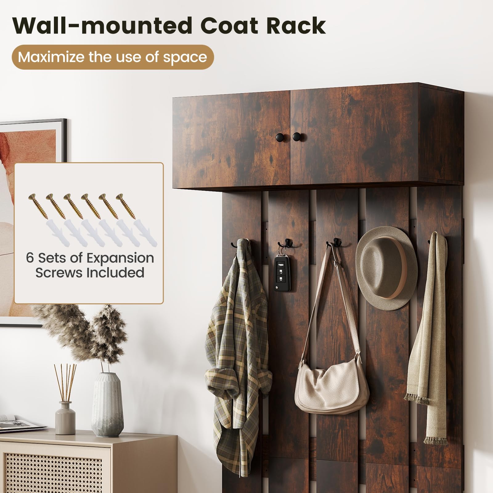 HOMASIS Recibidor Perchero de Pared, Mueble de Entrada con 5 Ganchos, Armario para Ropa con 2 Puertas, Organizador de Almacenaje para Habitación, Pasillo, 90x33x210cm (Café)