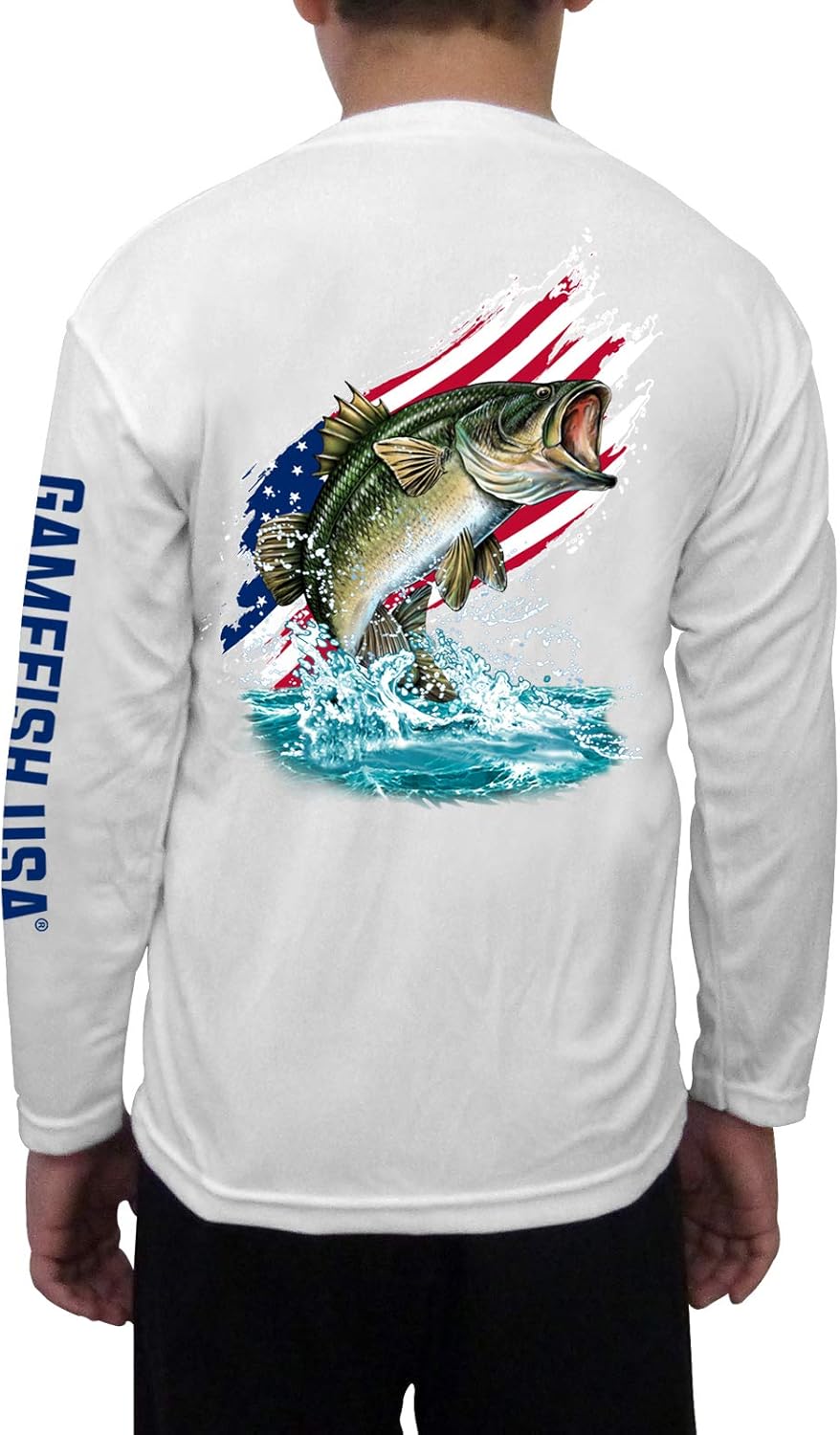 GAMEFISH USA Long Sleeve Fishing Shirt American Flag Bass for Kids, UPF 50+ Microfiber Performance Clothing