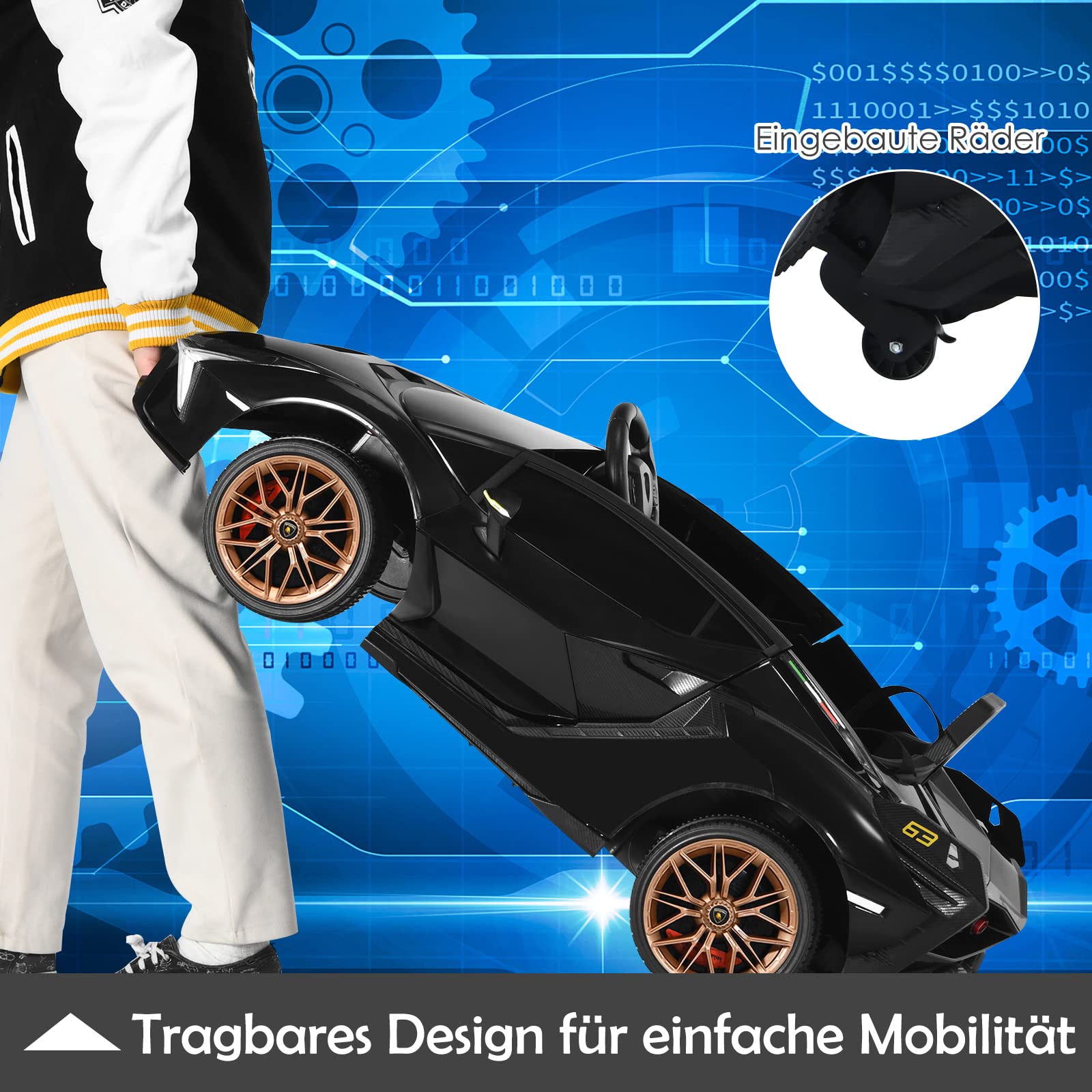 COSTWAY 12 V Lamborghini dziecięcy samochód elektryczny z pilotem zdalnego sterowania 2,4 G, samochód dziecięcy 3-5 km/h z MP3, radiem, muzyką i reflektorem LED, dla dzieci w wieku 3-6 lat (czarny)