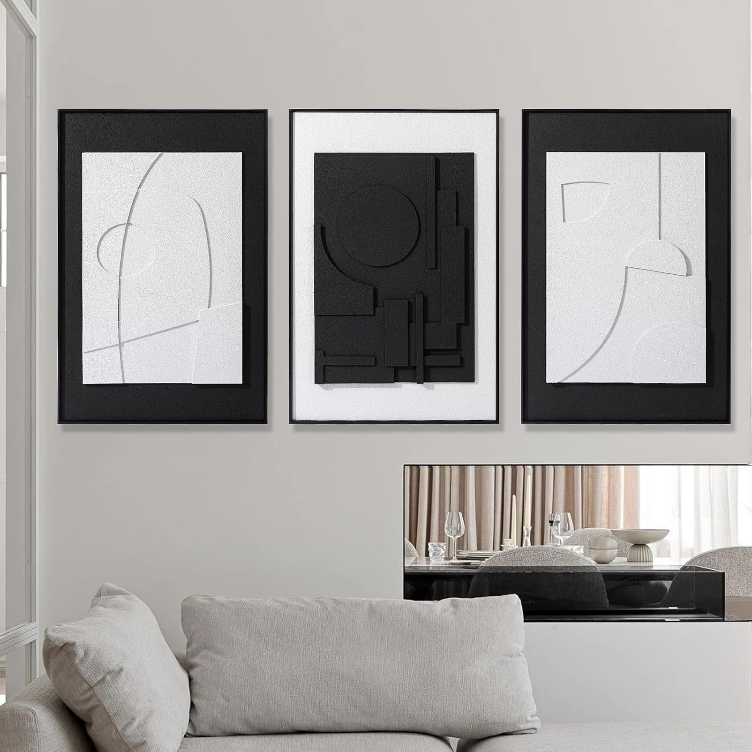 AMAATE 3 Pieces 3D Sandstone Wall Art, Black Metal Framed Modern Abstract Geometric Relief Wall Decor, Black White Textured Wall Paintings for Living Room Bedroom Office, 24x36 Inches, Ready to Hang