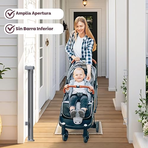 Retractable Baby Gate for Stairs — side view showing full product dimensions