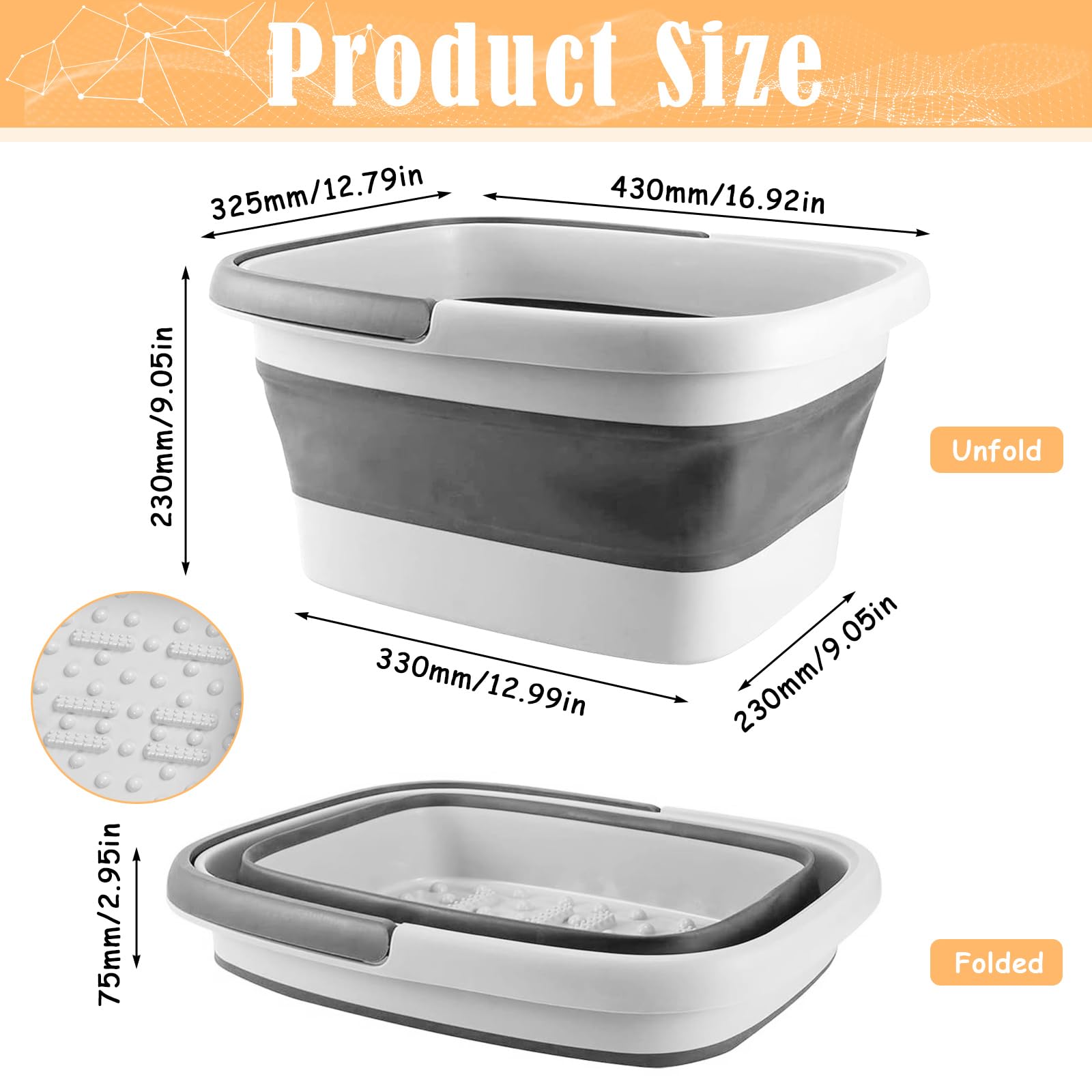 Rierousy Baño de Pies Plegable - Bañera de 15 L de Capacidad Con Masaje Para Pedicura y Alivio de la Fatiga (Blanco Grisáceo)