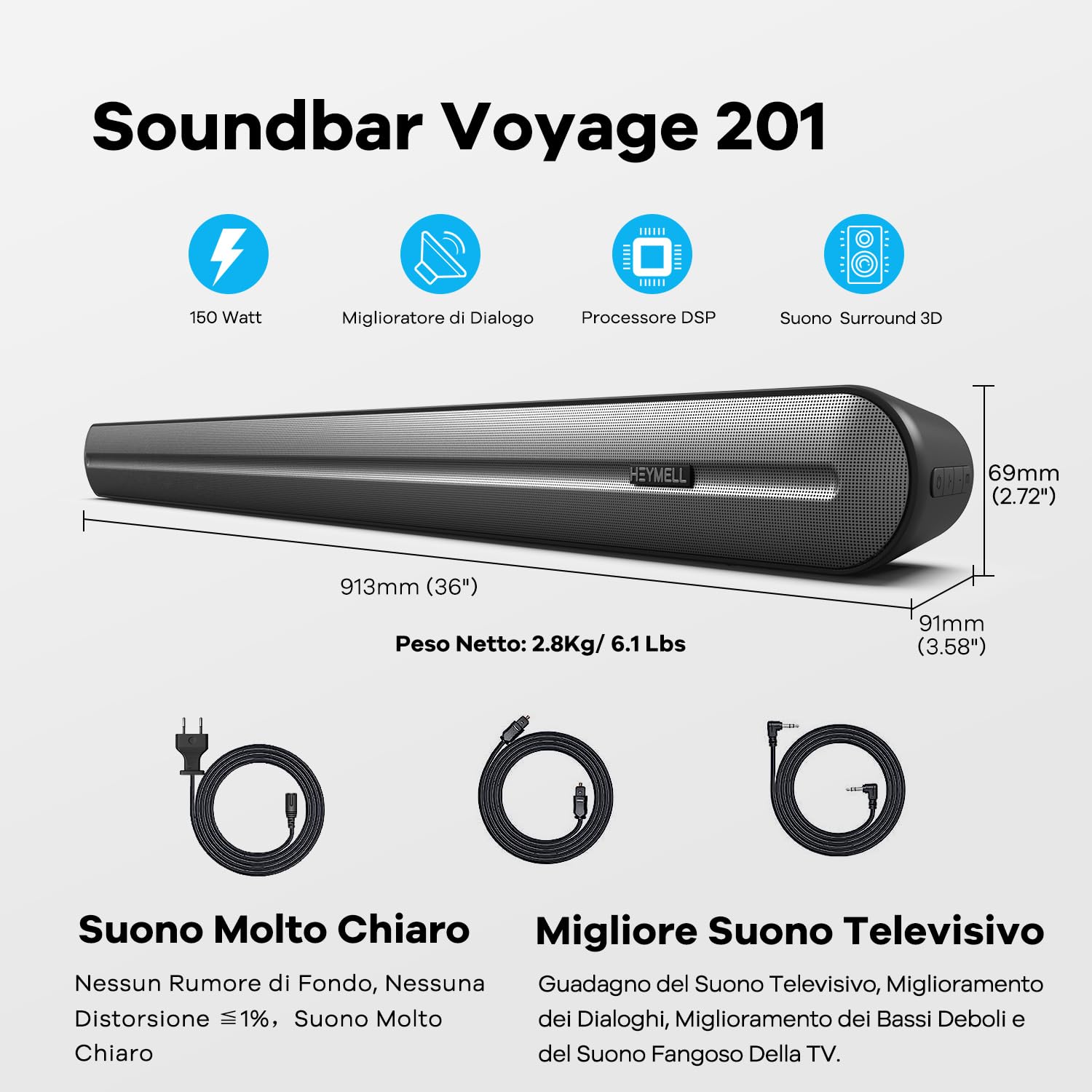 Soundbar TV 2.1 Da 150W - Bluetooth, HDMI ARC, 3D Surround, Con Potenziatore Dialogo - Foto 5