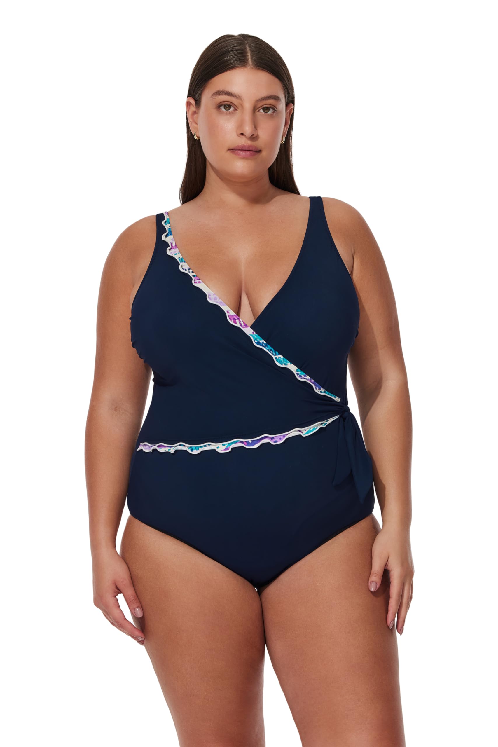 Profile by Gottex Women's Plus Size Tricolore V Neck Surplice One Piece Swimsuit, Canva-Navy, 24