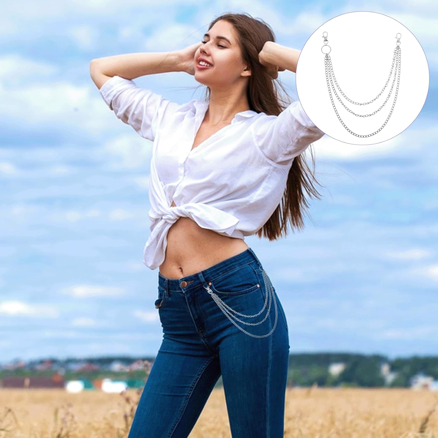 Pants Chain, Silver Pocket Chains Metal Shiny Hip Pop Layered Jeans Belt Chain with Both End Buckle for Men Women Pockets Purse Clothing DIY Jewelry Decoration - Image 6