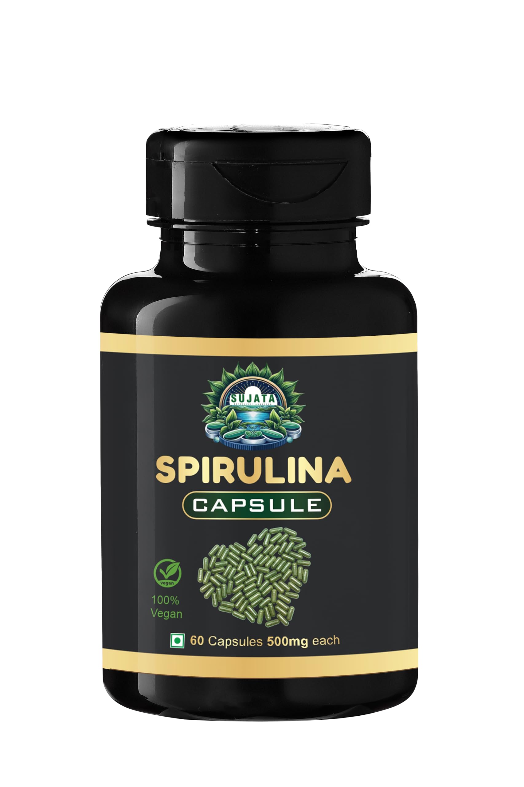 Sujata Spirulina Capsules - 60 Vegan Capsules - Natural Energy Booster, Immunity Booster, and Antioxidant Supplement with Pure Organic Spirulina