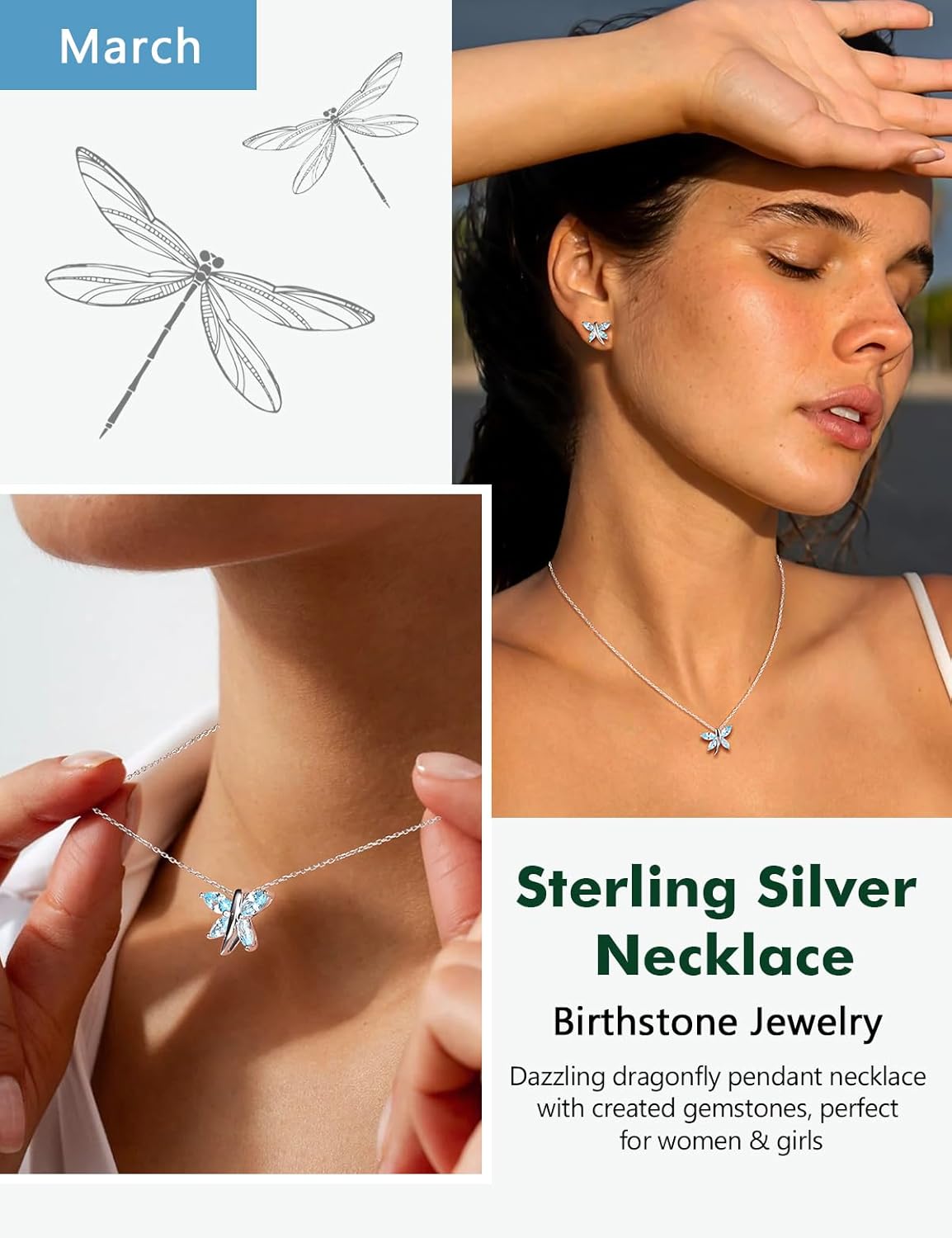 Dainty Dragonfly Necklace 14K Gold Plated/Sterling Silver Birthstone Necklaces for Women Gemstone Cute Dragonfly Pendant Necklace Dragon Fly Jewelry
