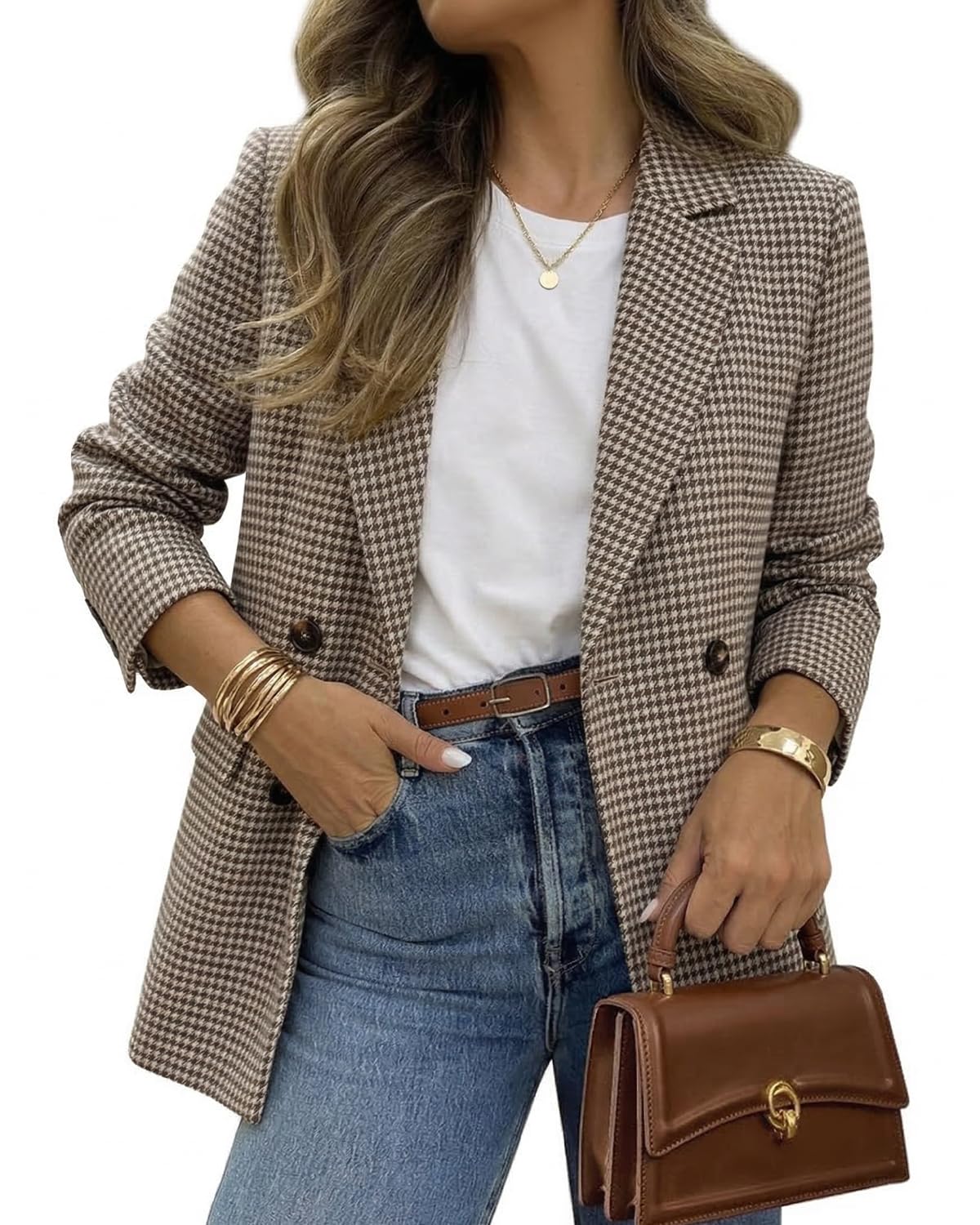 elleven Women's Oversized Boyfriend Blazer, Plaid Tweed Jacket Fully Lined - Fall Winter Elegant Coat for Work Office-picture-11