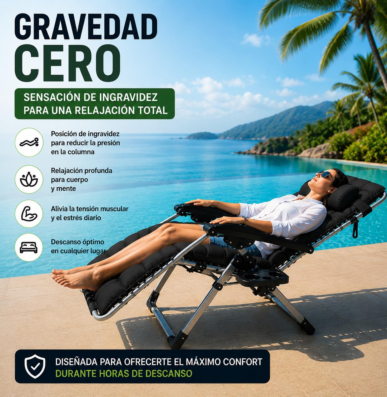 Silla Gravedad Cero Reclinable Plegable con Bloqueo Metálico Reforzado, Tumbona Jardín Exterior Acolchada con Reposacabezas Ajustable y Portavasos, para Terraza, Piscina, Playa y Camping (Negro)
