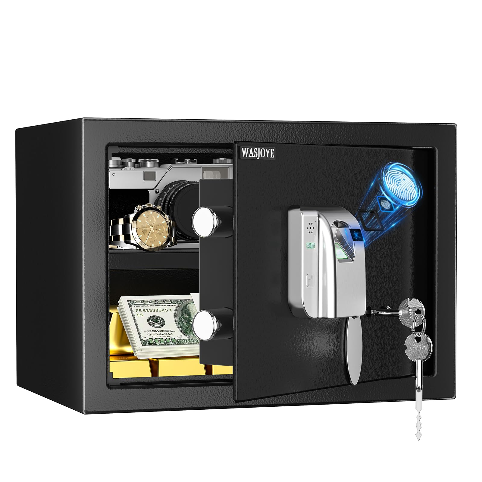 WASJOYE 25L Caja Fuerte para Huellas Dactilares, Biométrico Caja Fuerti Convencionale para el Hogar con Llaves, Electrónica Automática con Identificación de Dedos para la Oficina Hotel
