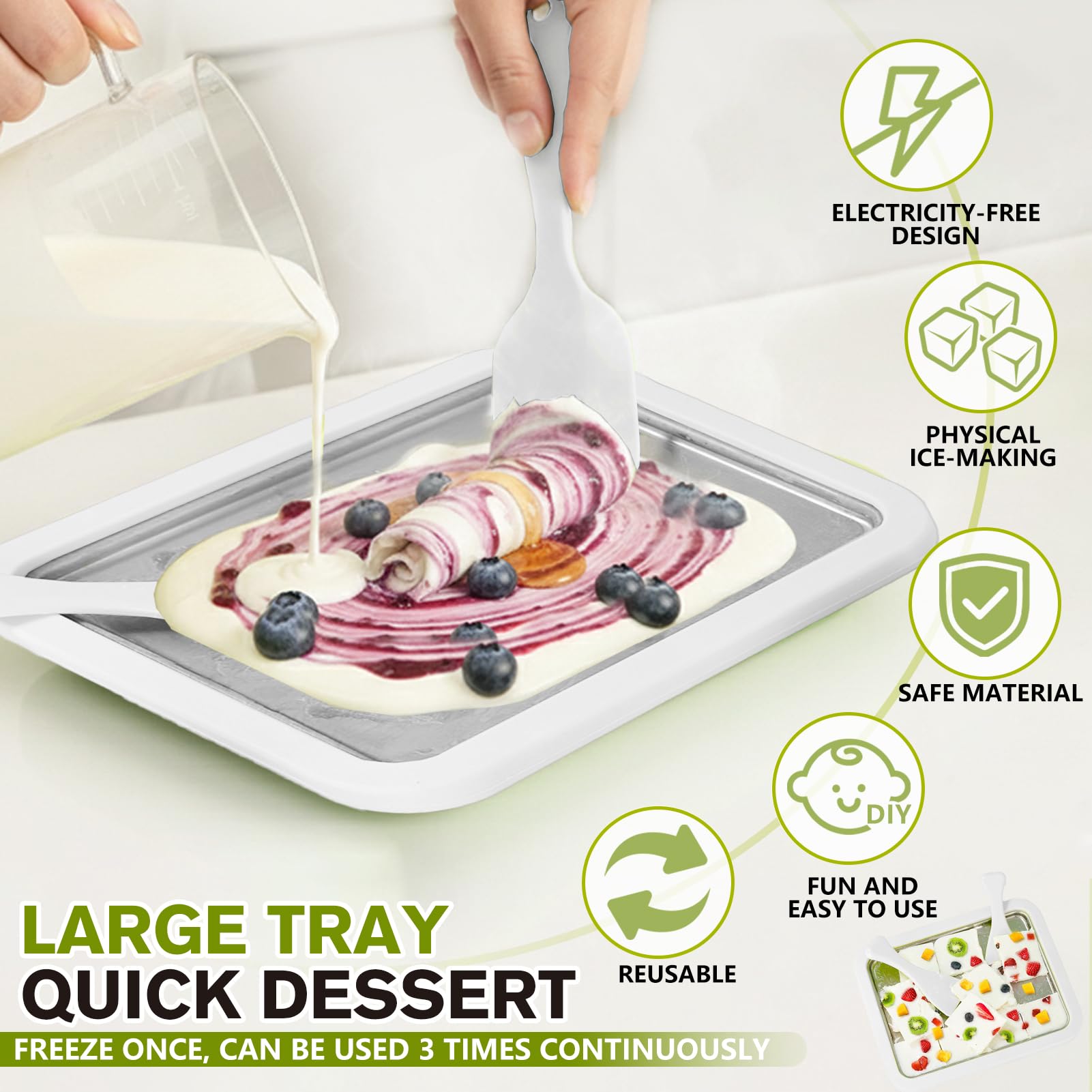 Macchina Gelatiera Istantanea Con 2 Spatole, Padella Per Gelato DIY Rolling Ice Cream Maker Per Adulti E Bambini, Per Panna Fatta in Casa, Yogurt Gelato, Sorbetto (Bianco,22.5 * 17.5CM)