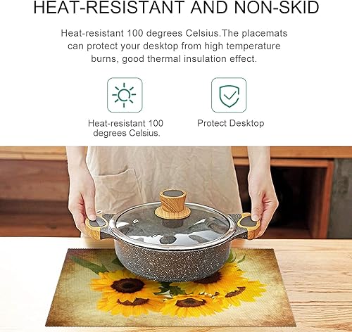 Miniatura 4 de visesunny Juego de 6 manteles individuales retro con diseño de girasol, para decoración de escritorio, antideslizantes, resistentes al calor, 12 x