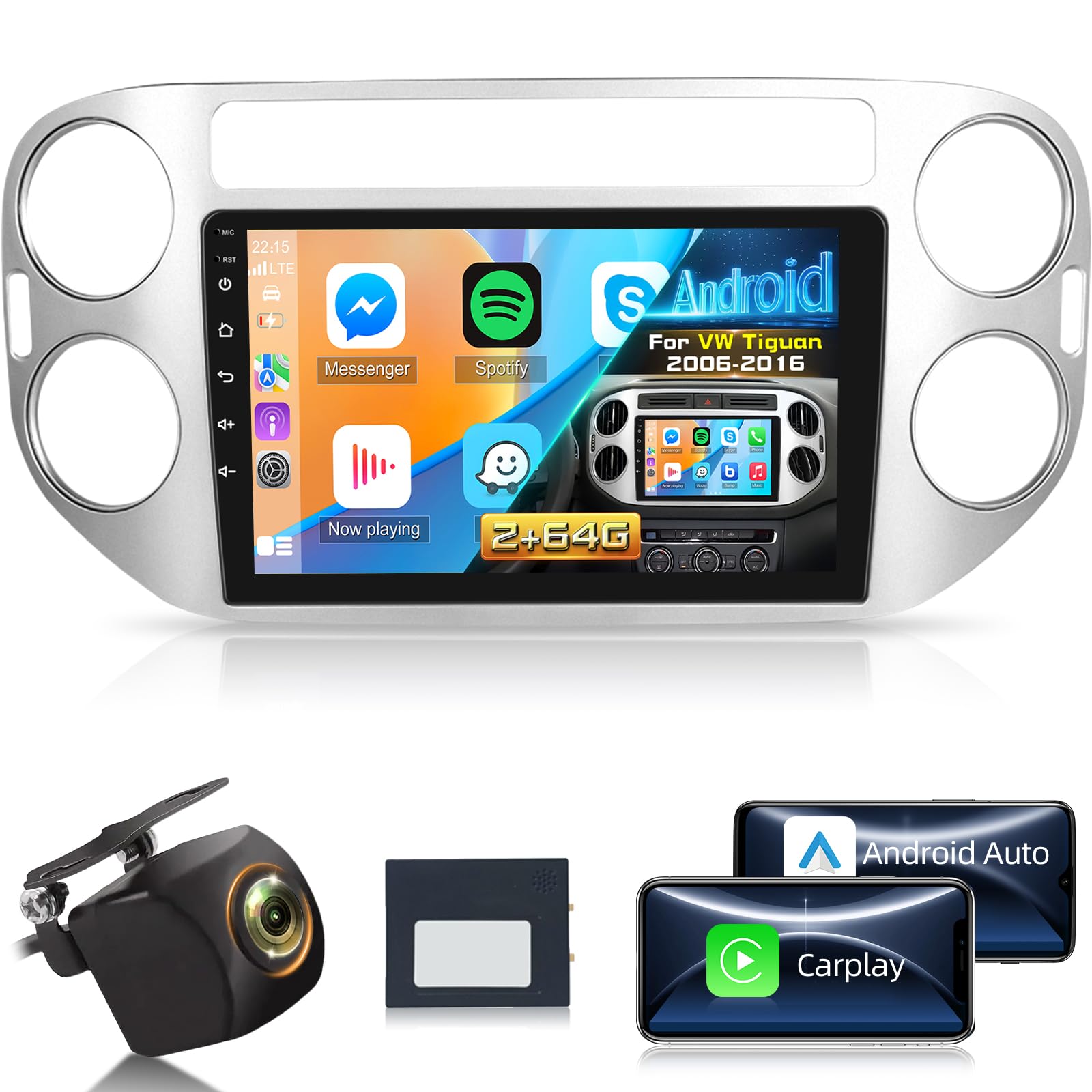Android Autoradio pour Tiguan VW Volkswagen 2006-2016 avec sans Fil Carplay et Android Auto, [2G+64G] Écran Tactile HD de 9 Pouces avec GPS/WiFi/Bluetooth/EQ/FM RDS