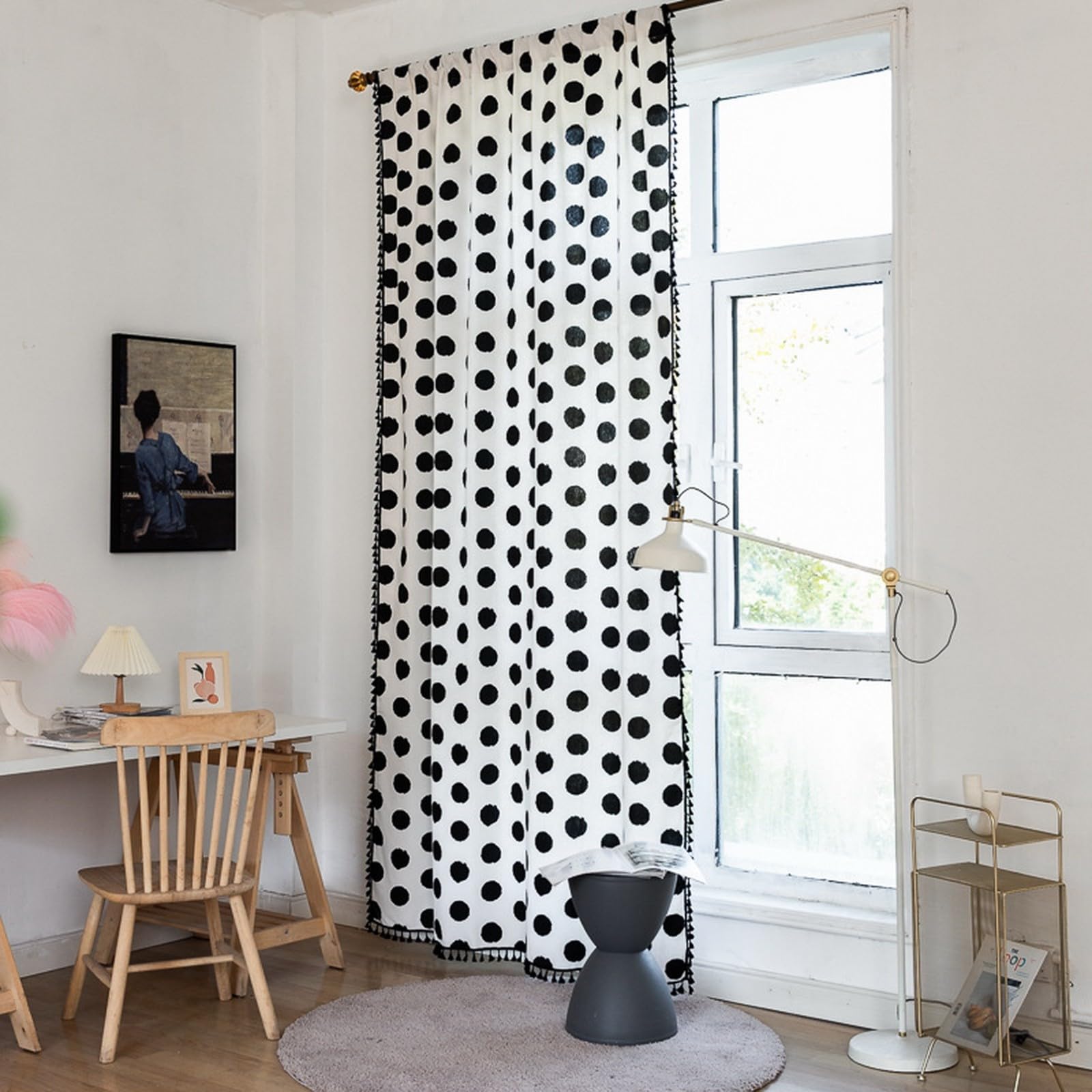 A.Monamour Rideau Voilage Passe Tringle Semi Transparent Opaque Coton Lin Noir Blanc à Pois Rural Boho Décoration Fenêtre Rideau de Porte avec Glands à Pompons pour Salon Chambre Cuisine, 1 Panneau
