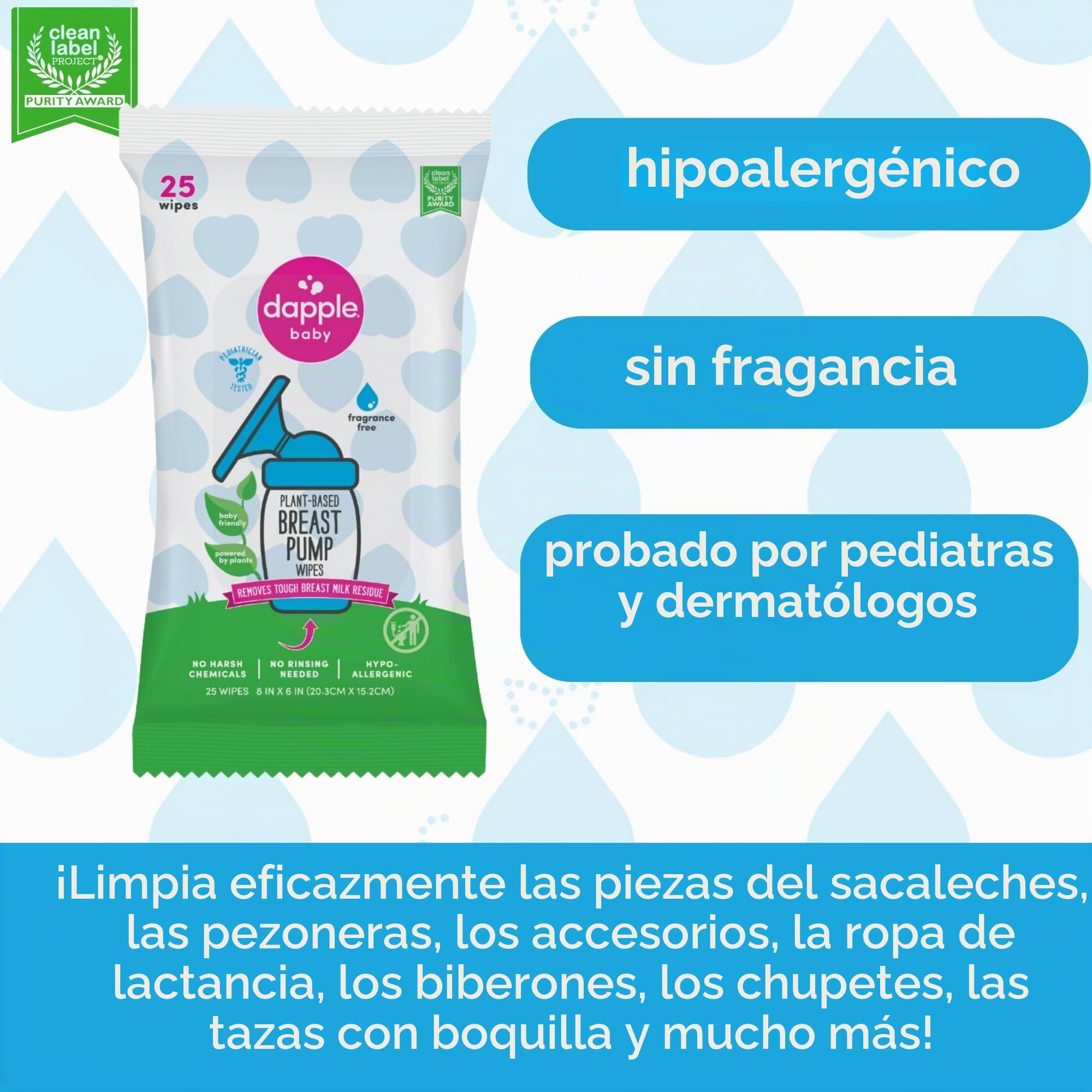 Dapple Toallitas para sacaleches para bebé (paquete de 3) 25 unidades, sin fragancia, alimentadas por plantas e hipoalergénicas, eliminan los residuos de leche, esenciales para la bolsa de pañales
