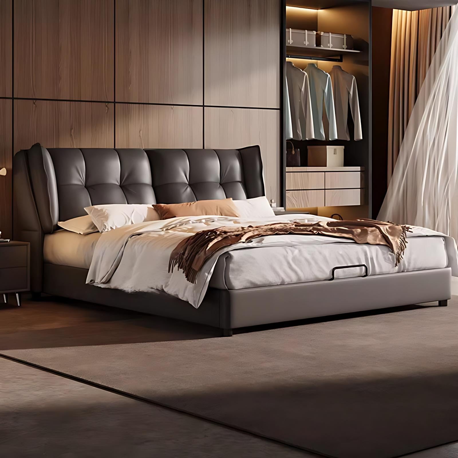 California King Bed Frame - Modern Heavy Duty Solid Wood Platform Bed with Headboard, Solid Wood Construction, Premium Leather Upholstery, Easy Assembly, Dark Gray