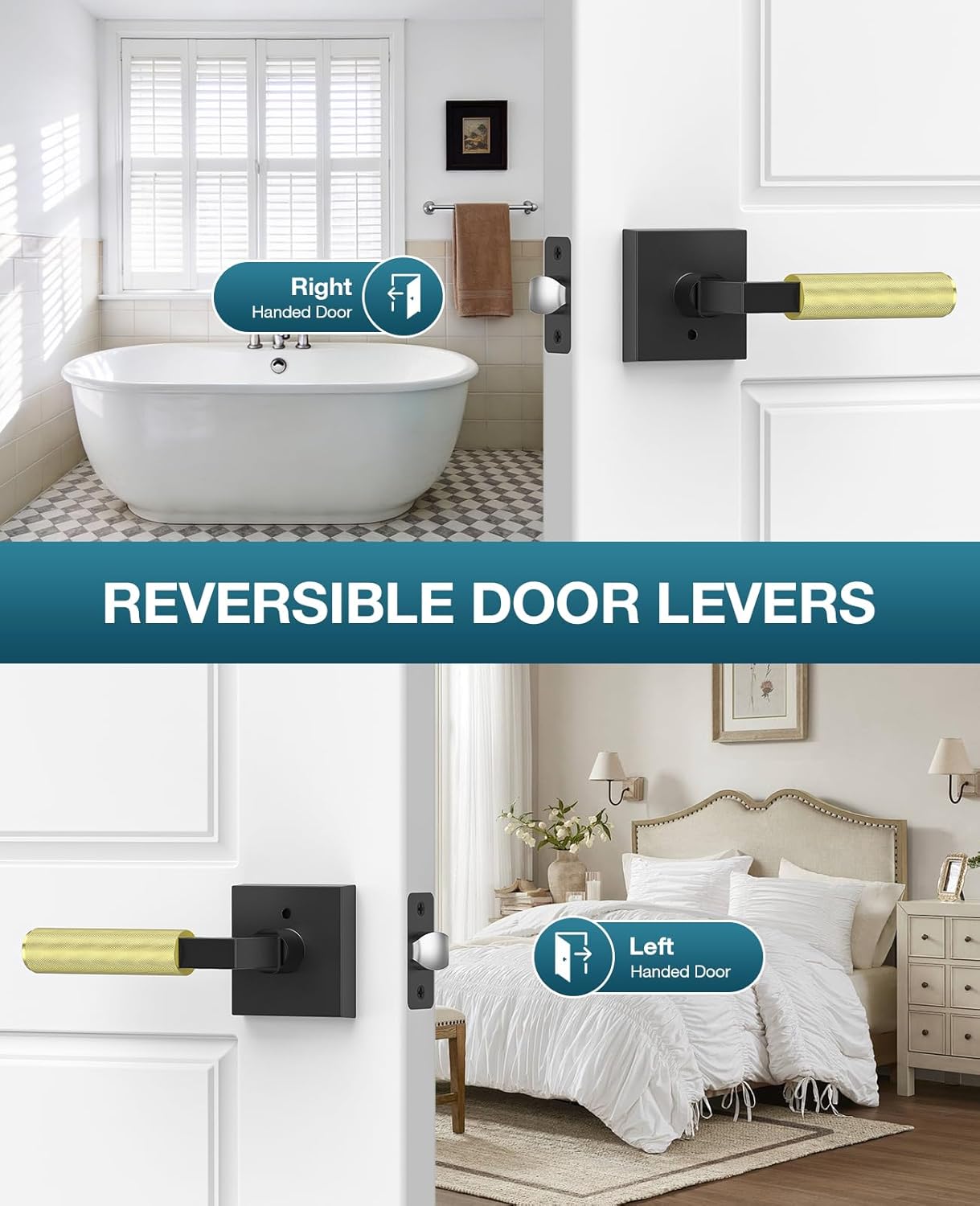 Black and Gold Door Handle, Black and Gold Door Locks for Bedroom or Bathroom, Heavy Duty Door Handles Interior with Locks for Left & Right Handed Doors, 6 Pack