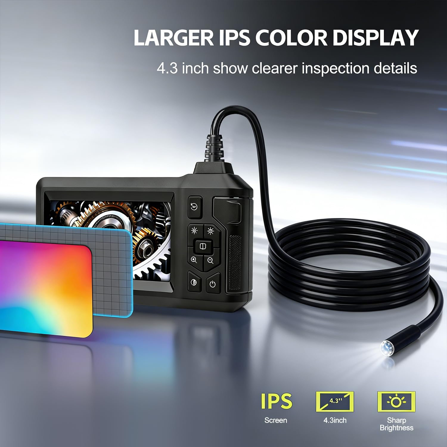 Cámara endoscópica de 16 pies con luz, cámara de boroscopio de inspección con pantalla IPS de 4.3 pulgadas, endoscopio HD 1080P, alcance de calibre de cable semirrígido de 16 pies, endoscopio