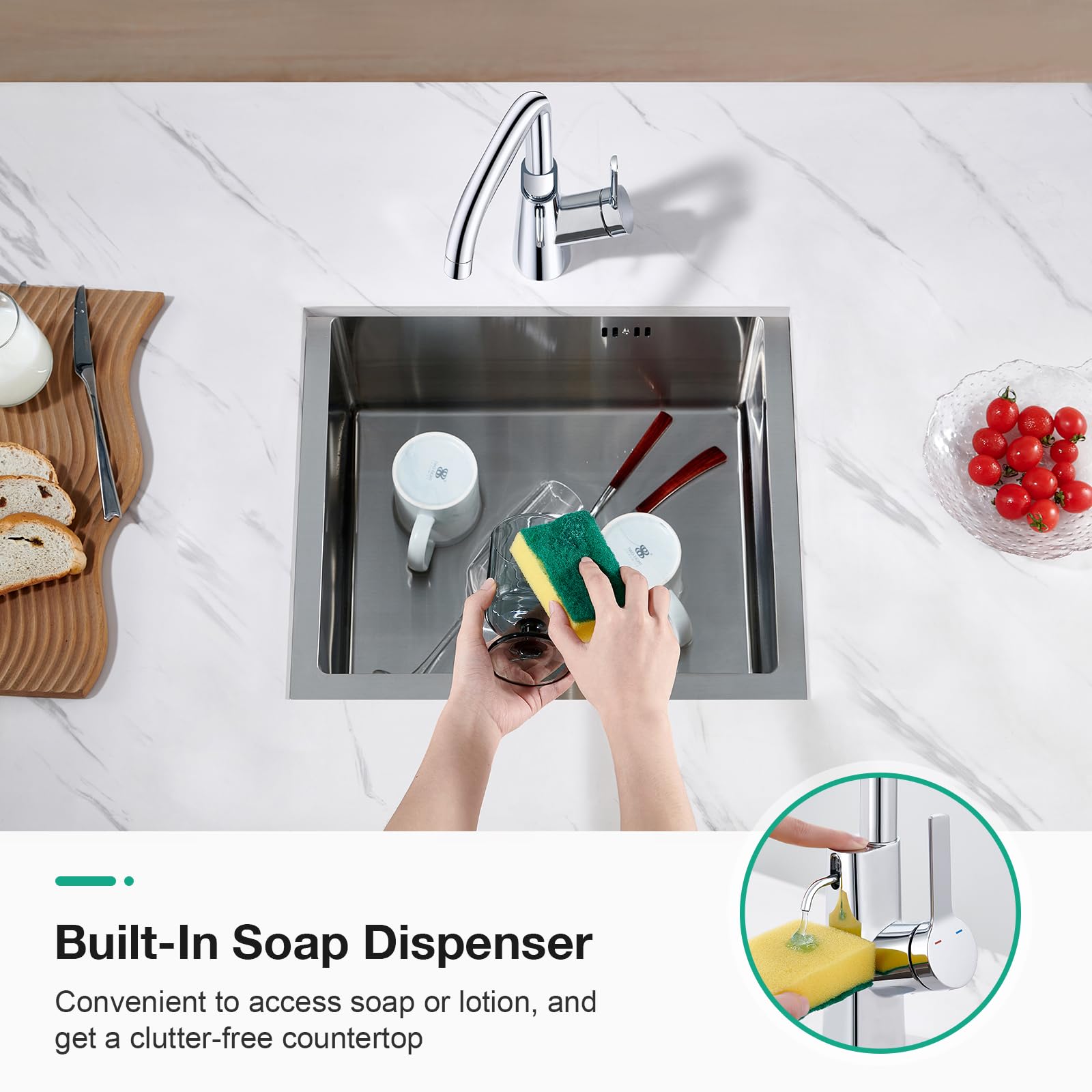 Faustina Robinet de salle de bain avec distributeur de savon intégré, rotatif à 360°, mitigeur monocommande pour salle de bain, cuisine, lavabo, bar à domicile, buanderie, petit camping-car, acier
